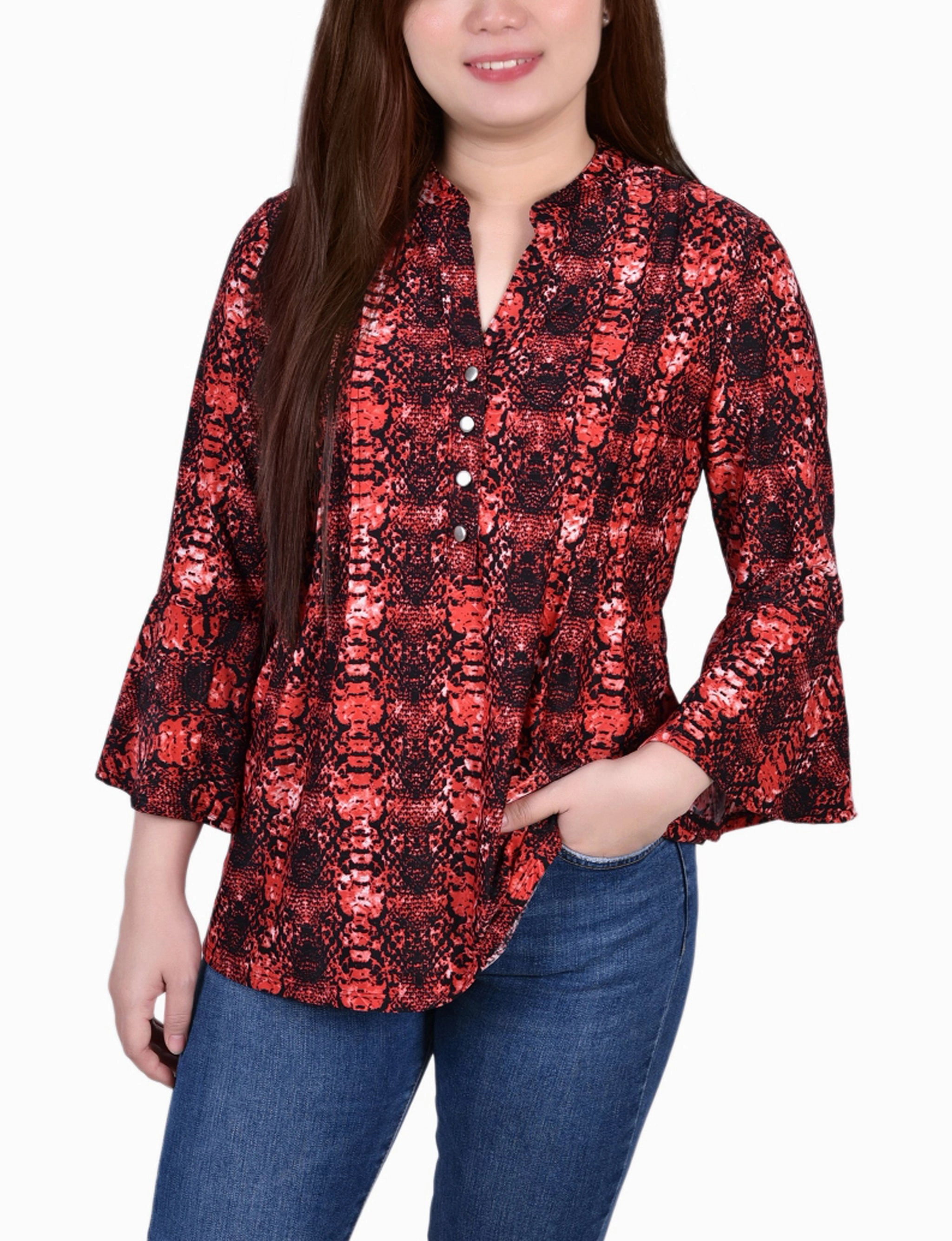 3/4 Bell Sleeve Pleat Front Y Neck Top Garment Dyed Finish