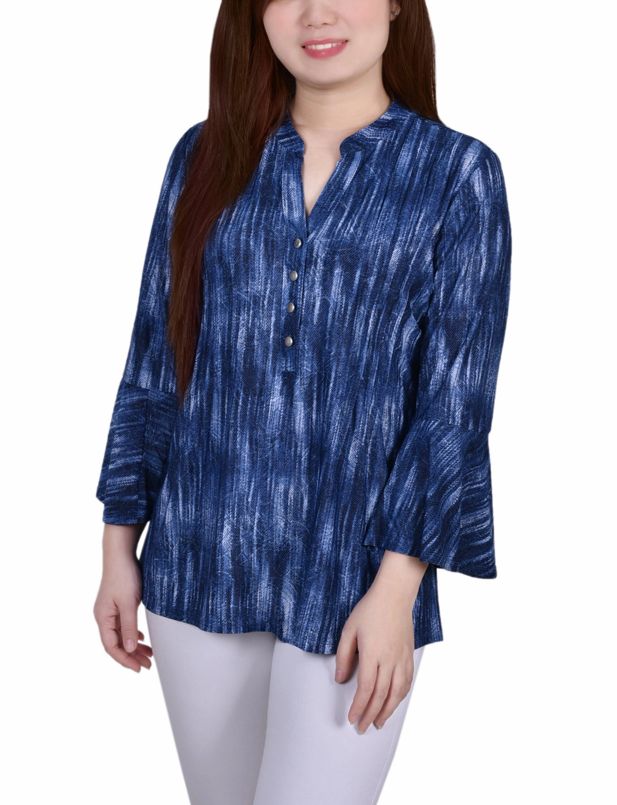 3/4 Bell Sleeve Pleat Front Y Neck Top TemperatureRegulating Noise Reducing Fabric Treatment