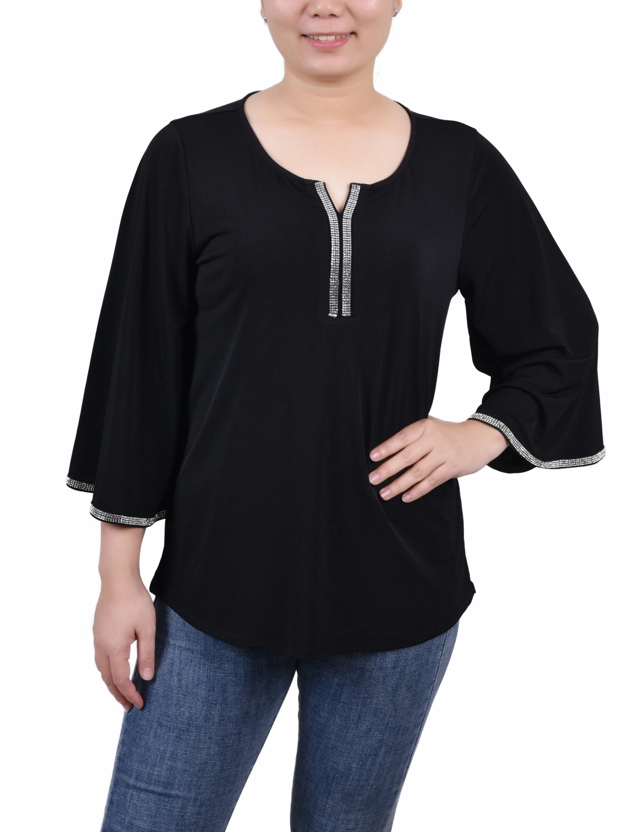 3/4 Bell Sleeve Top With Stones YarnBlend LightweightLayeringSystem