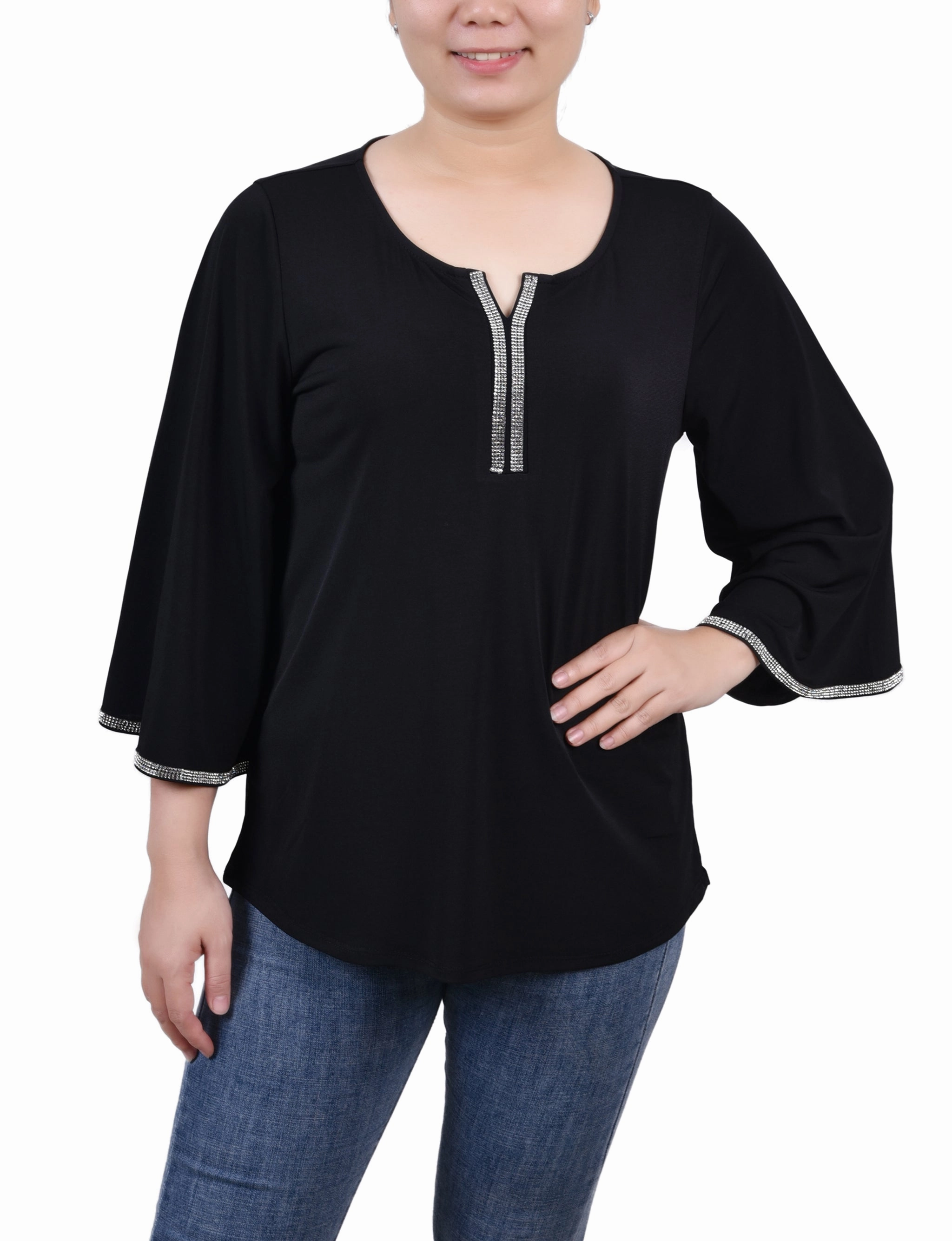 3/4 Bell Sleeve Top With Stones StaticResistant Material MultiFunctional Pocket Placement