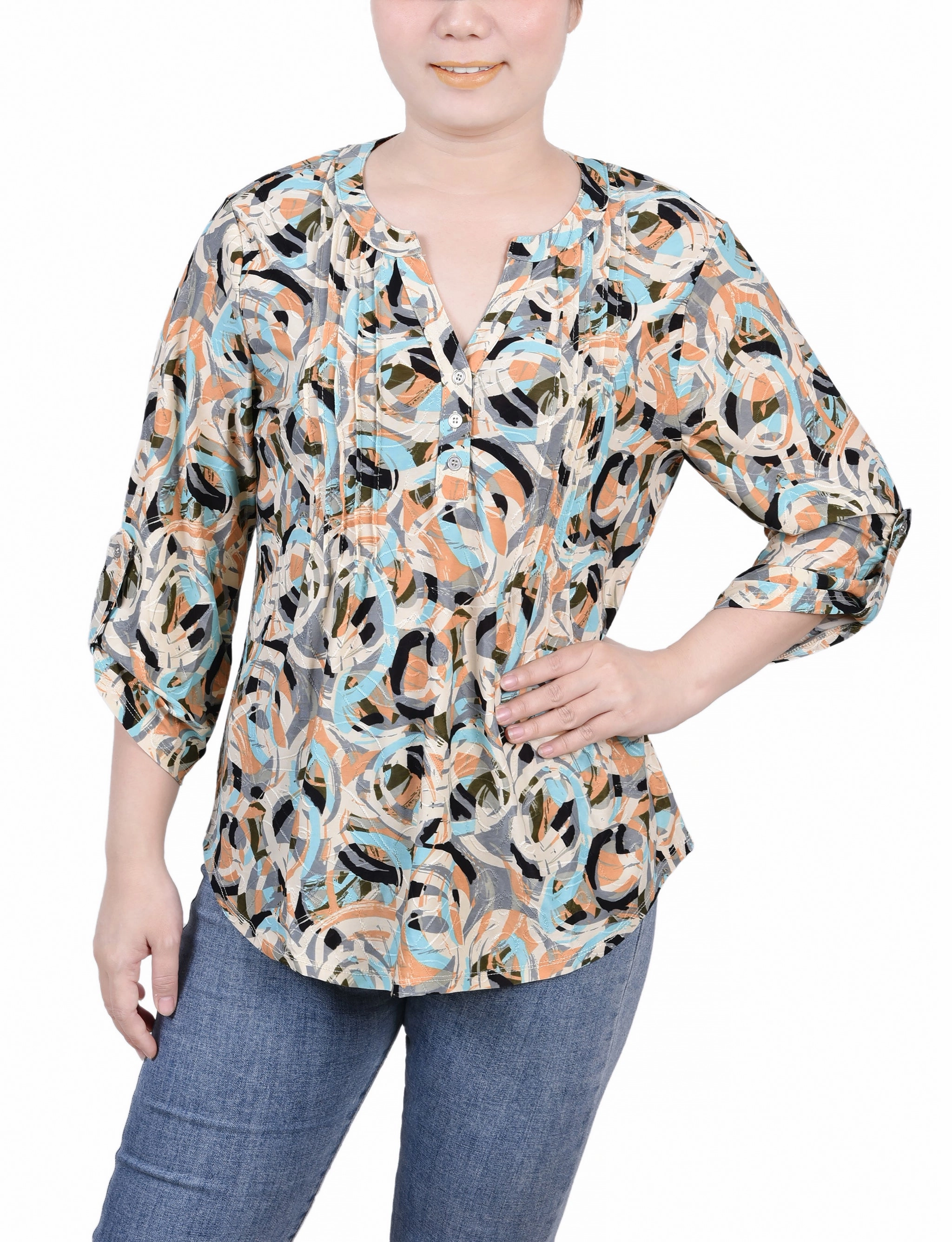 Durable Stitch Pattern 3/4 Roll Tab Pullover Top