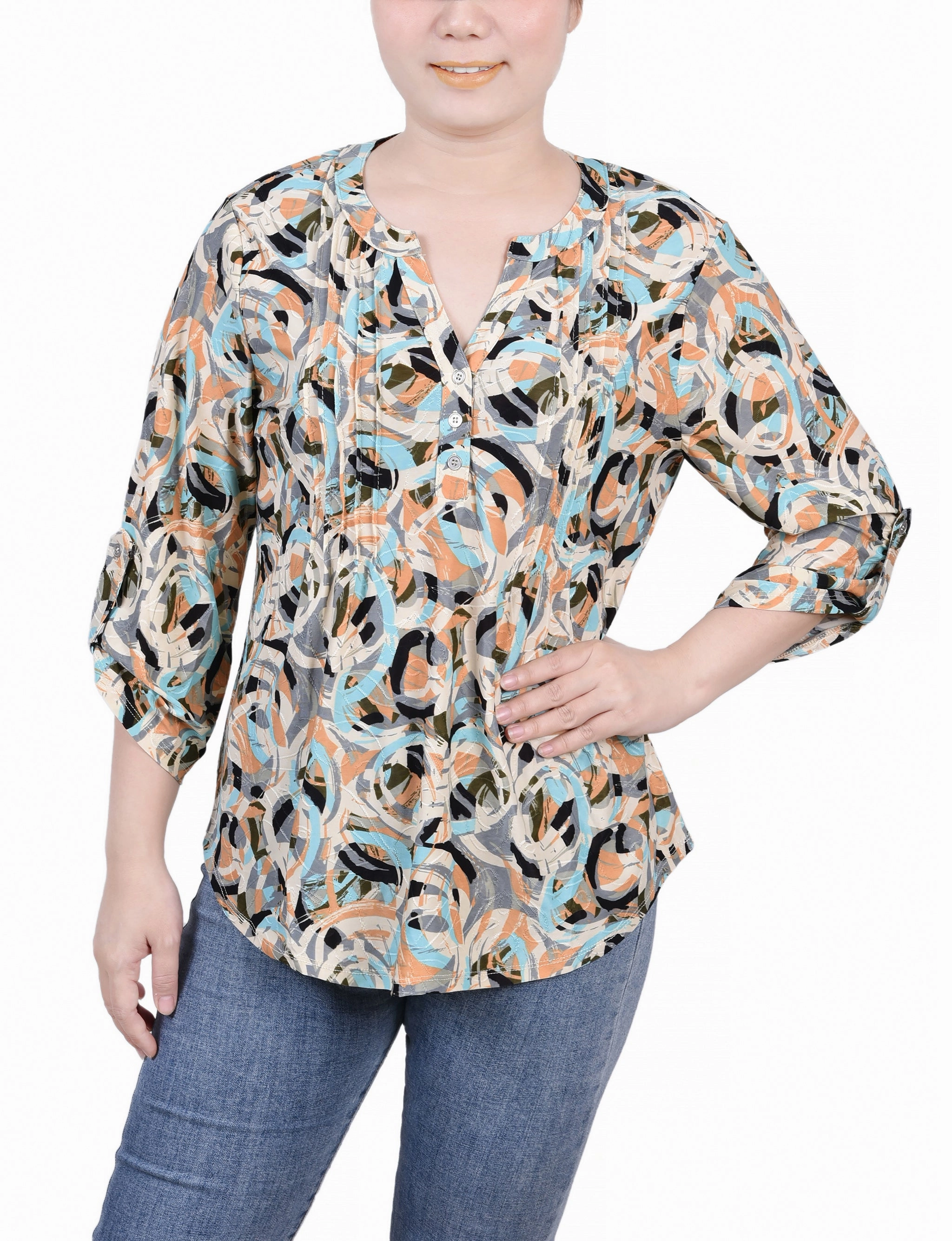 3/4 Roll Tab Pullover Top Garment Washed