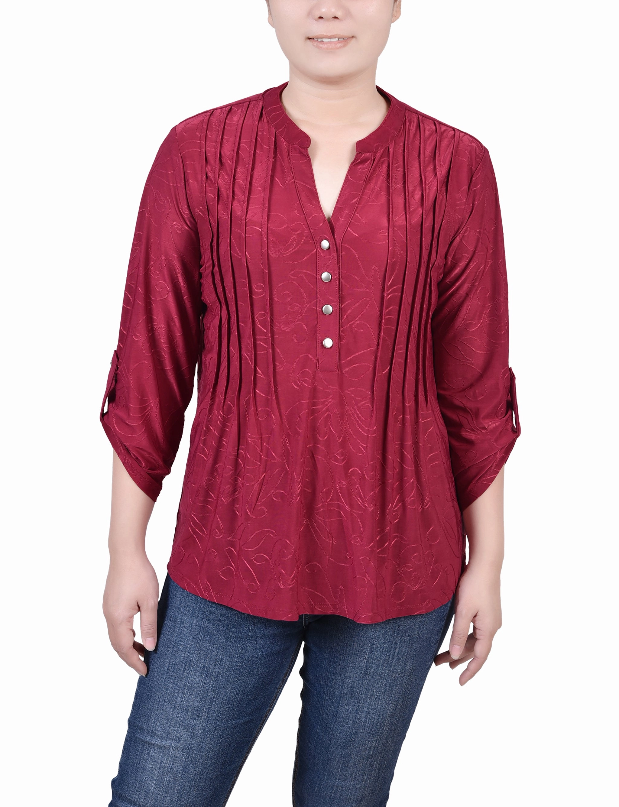 High Neckline Structure 3/4 Roll Tab Pullover Top