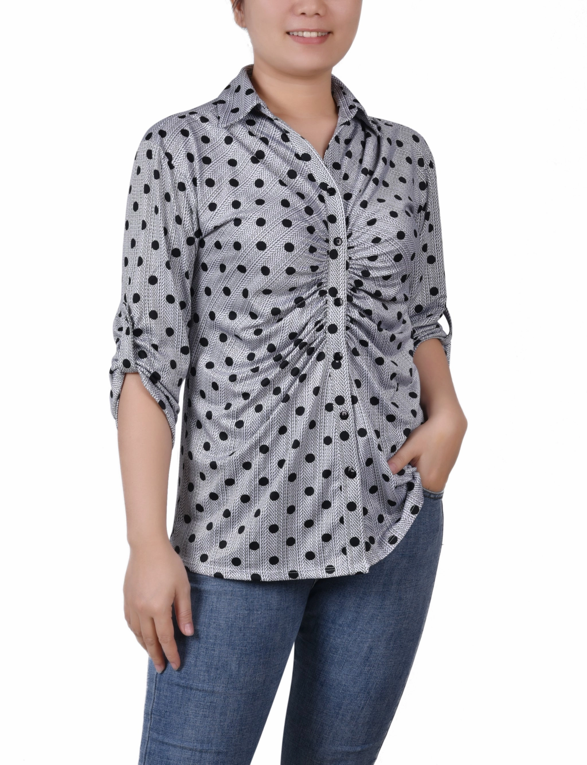 Cozy Fit Moisture wicking 3/4 Roll Tab Rouched-Front Top