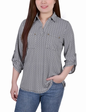 Chic Style 3/4 Roll Tab Sleeve Studded Y Neck Top