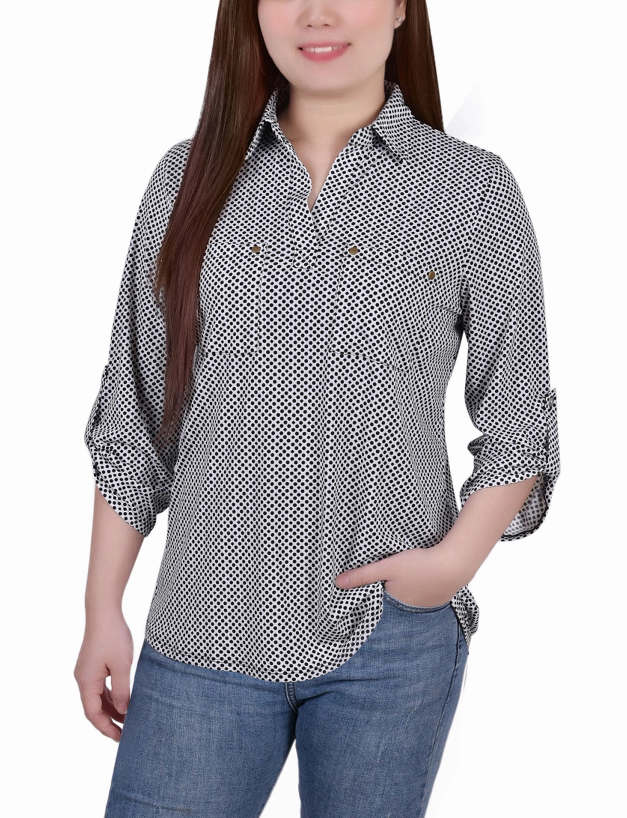 Chic Style 3/4 Roll Tab Sleeve Studded Y Neck Top