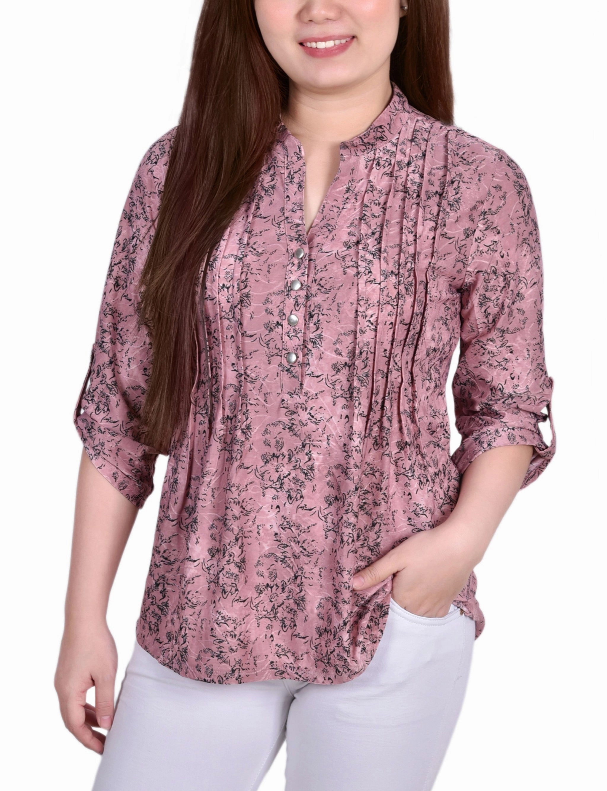 3/4 Roll Tab Sleeve Y Neck Top Comfy Layer AntiPill Finish