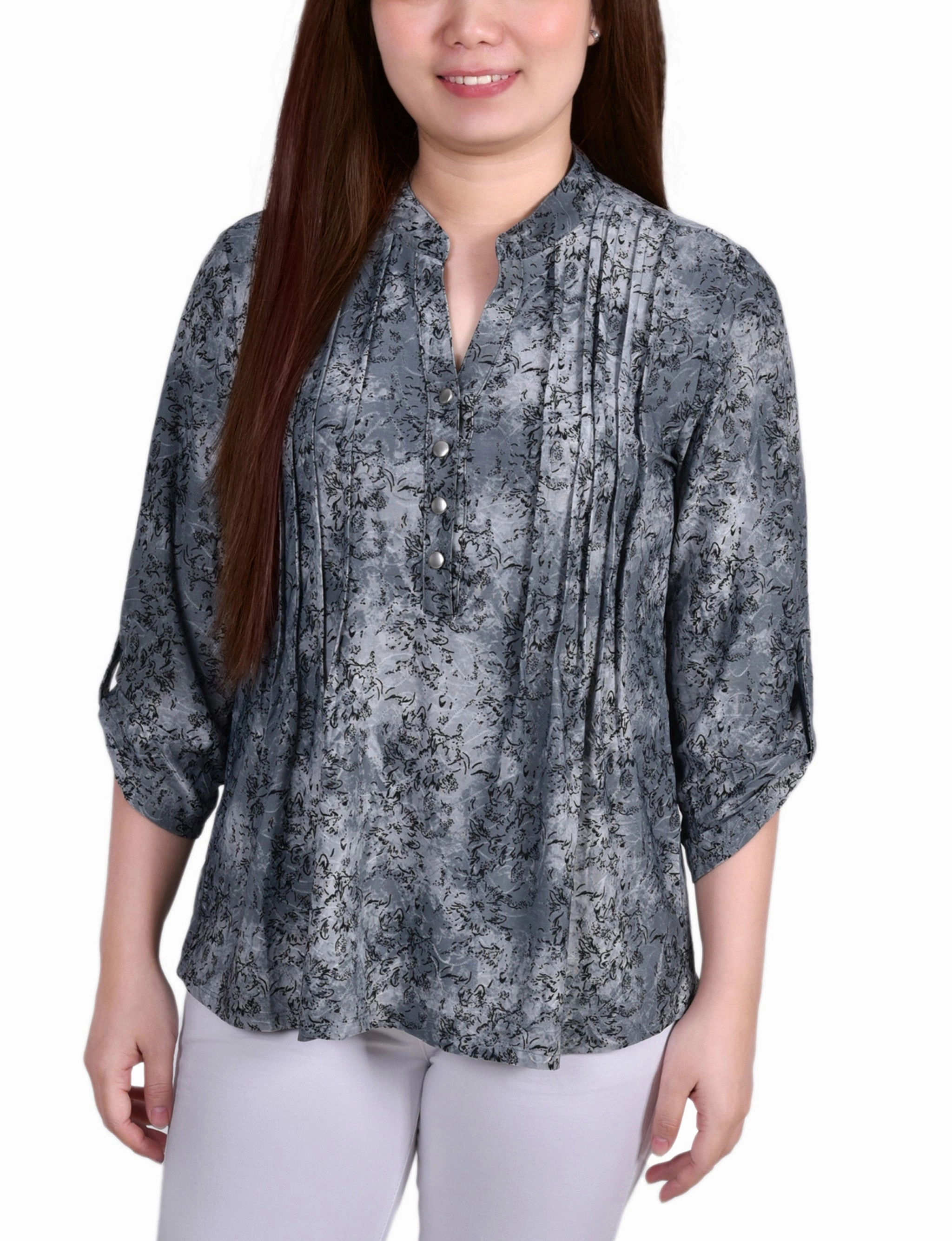 Sustainable Production Methods DoubleLayered 3/4 Roll Tab Sleeve Y Neck Top