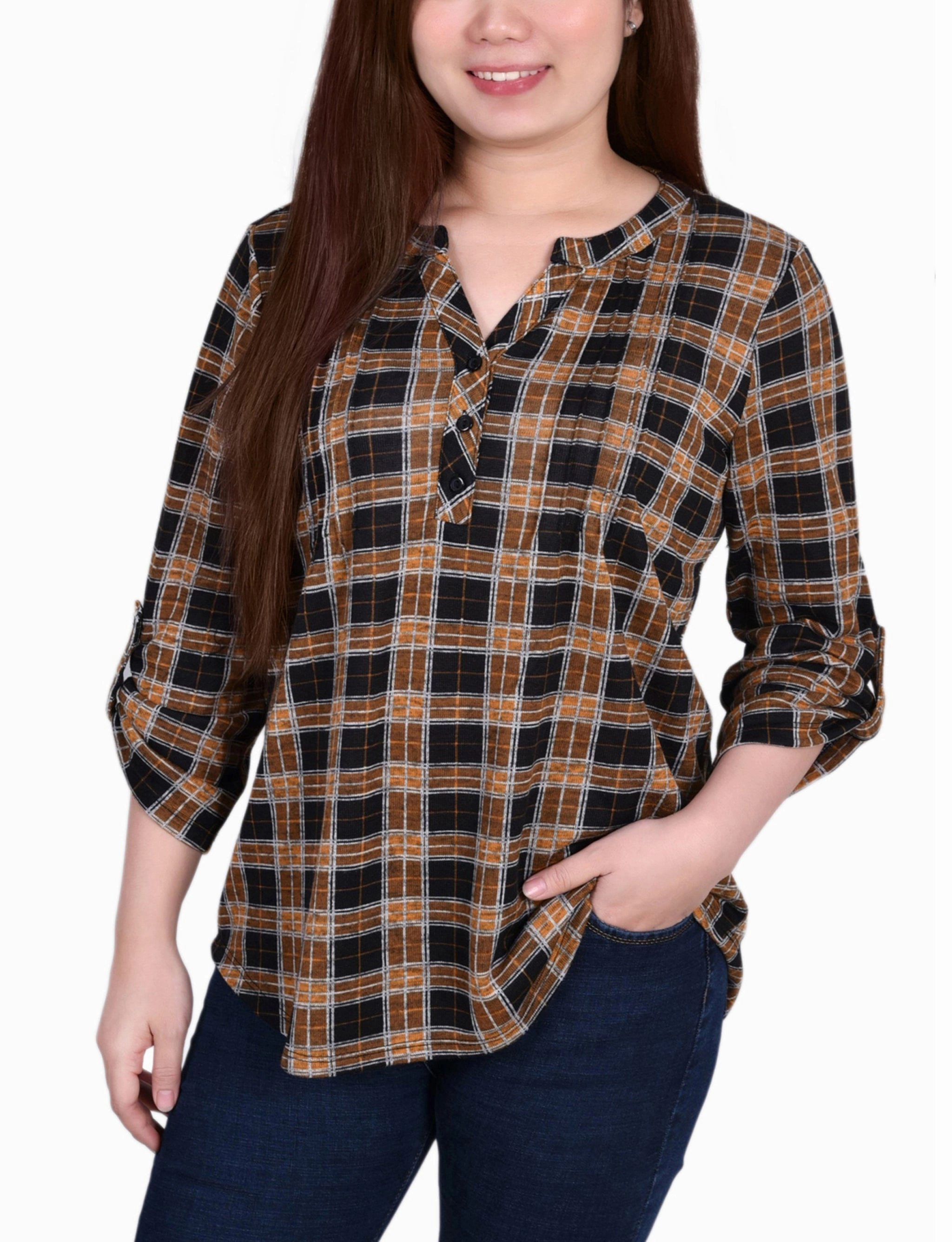 Multipanel Construction 3/4 Roll Tab Sleeve Y Neck Top