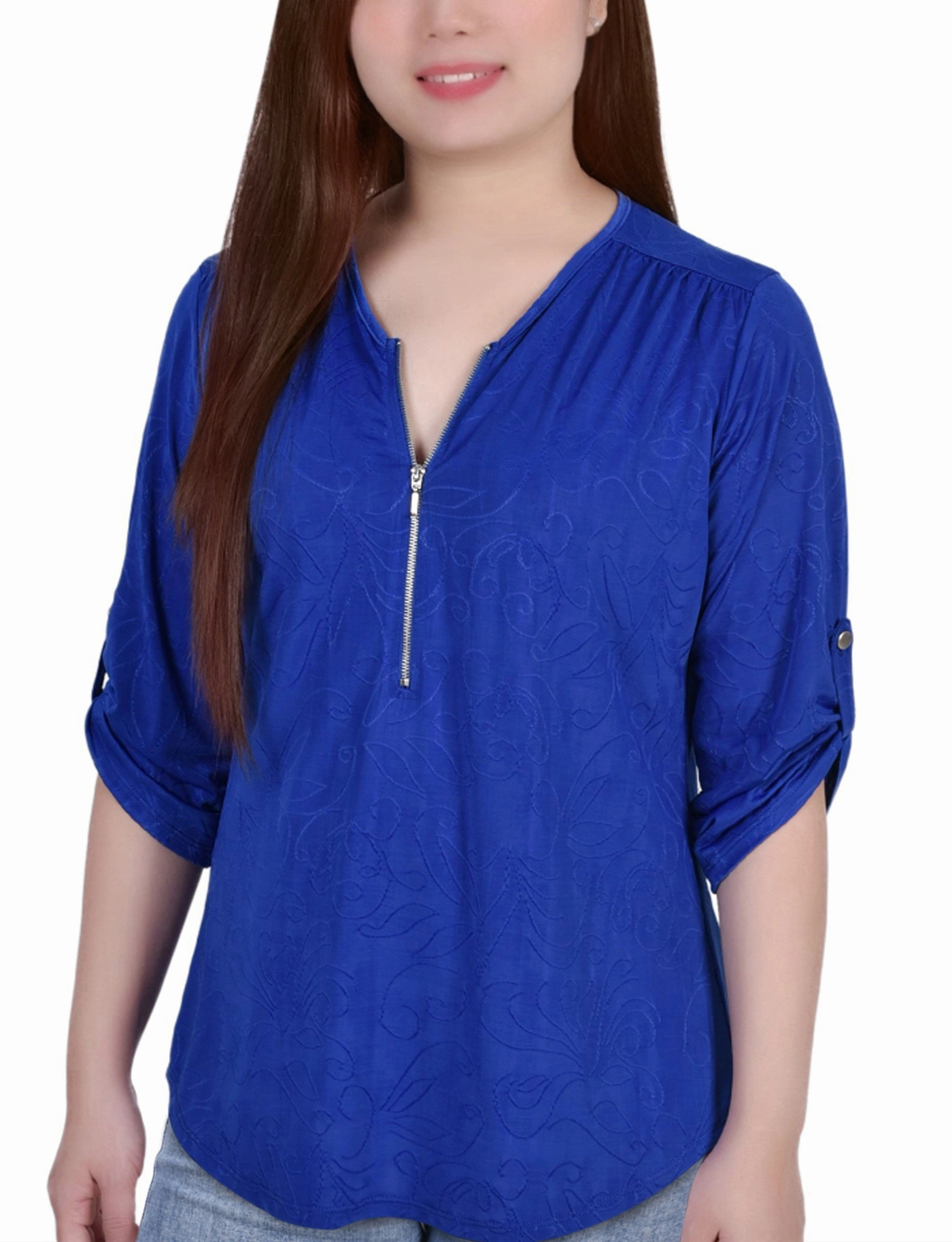 3/4 Roll Tab Zip Front Jacquard Knit Top Shrinkage Prevention Treatment