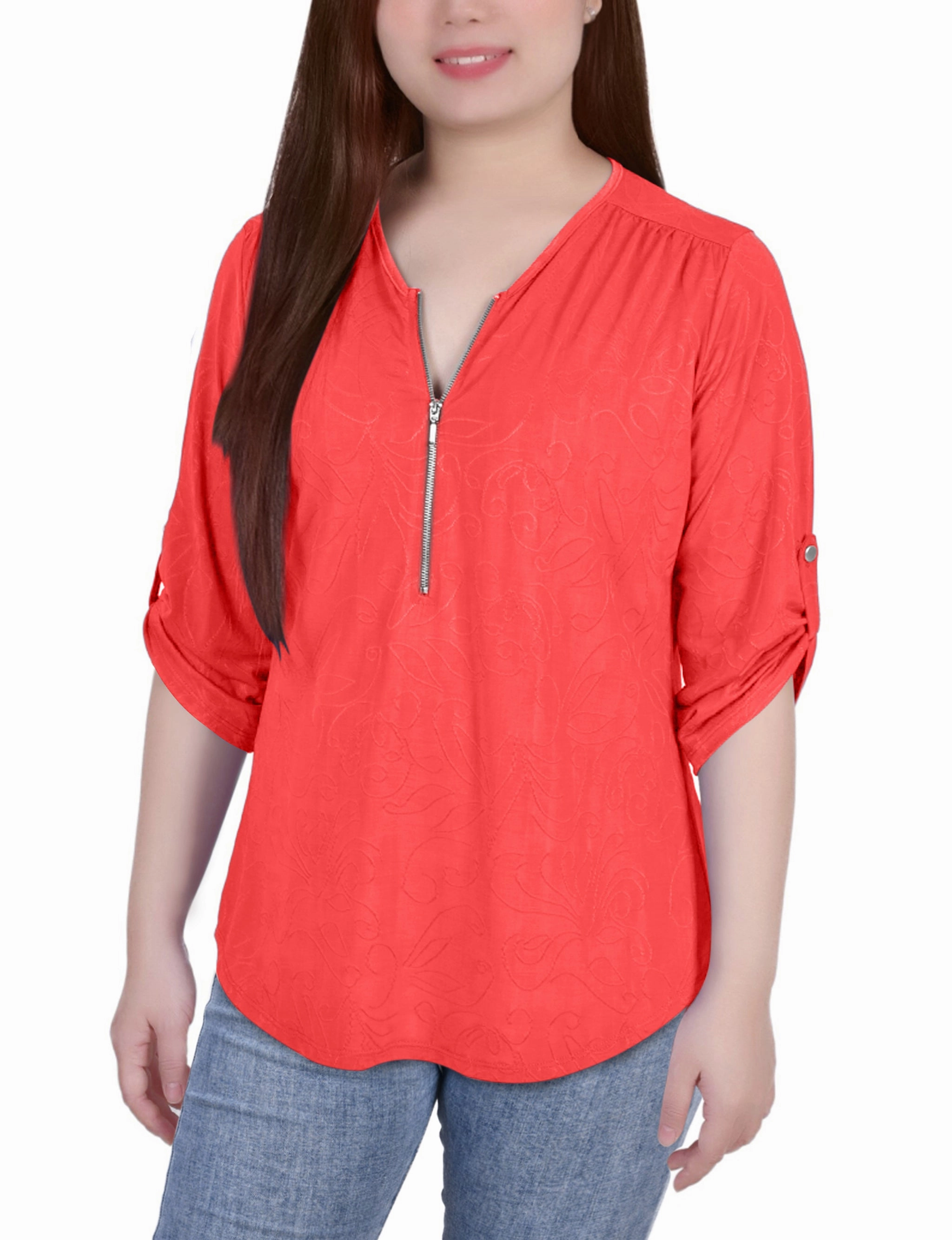 ChafeFreeEdging 3/4 Roll Tab Zip Front Jacquard Knit Top