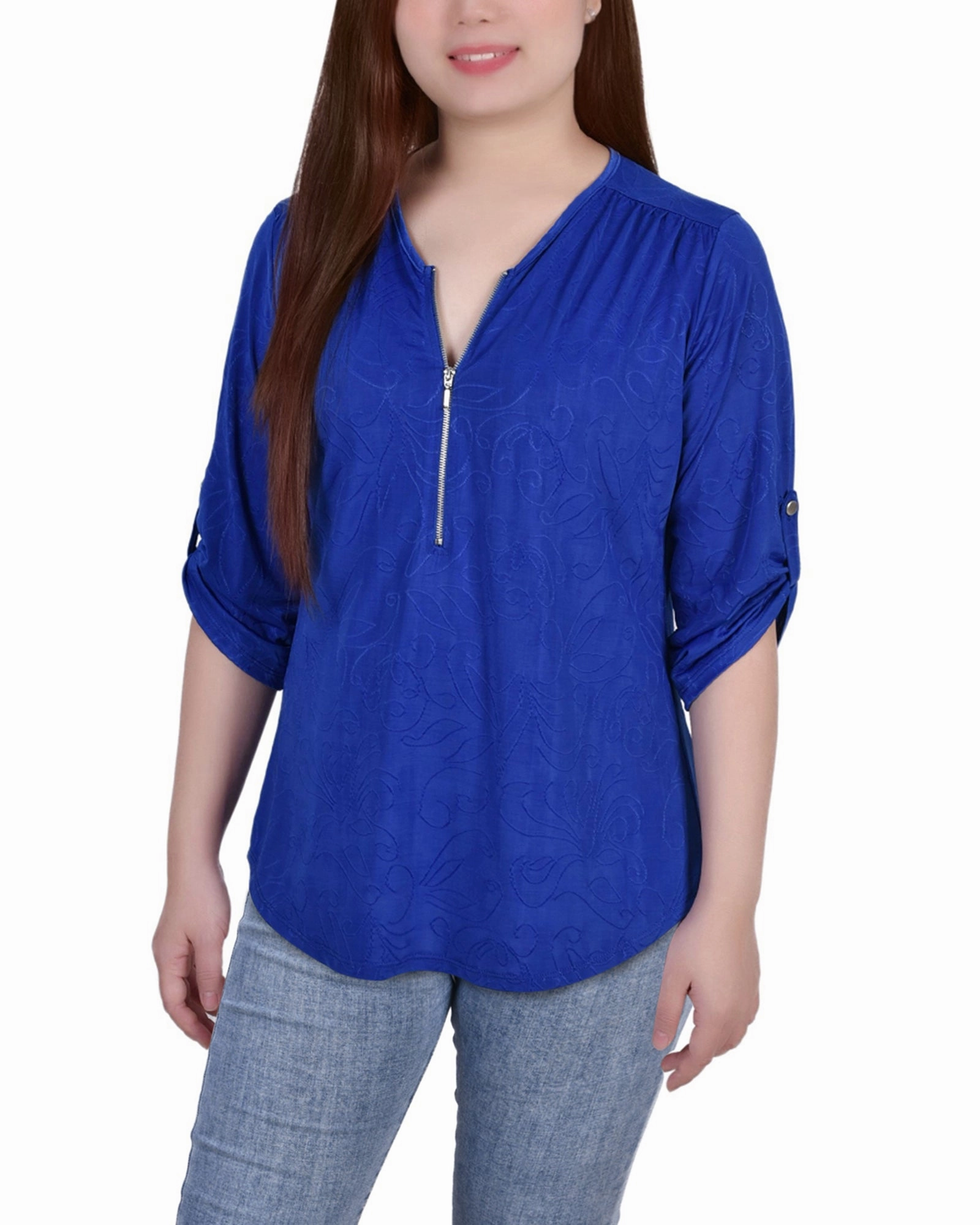 PreWashed Low Profile Seaming 3/4 Roll Tab Zip Front Jacquard Knit Top