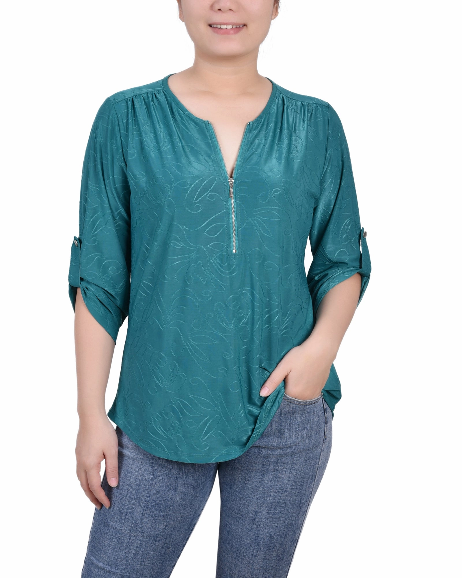 Office Attire 3/4 Roll Tab Zip Front Jacquard Knit Top