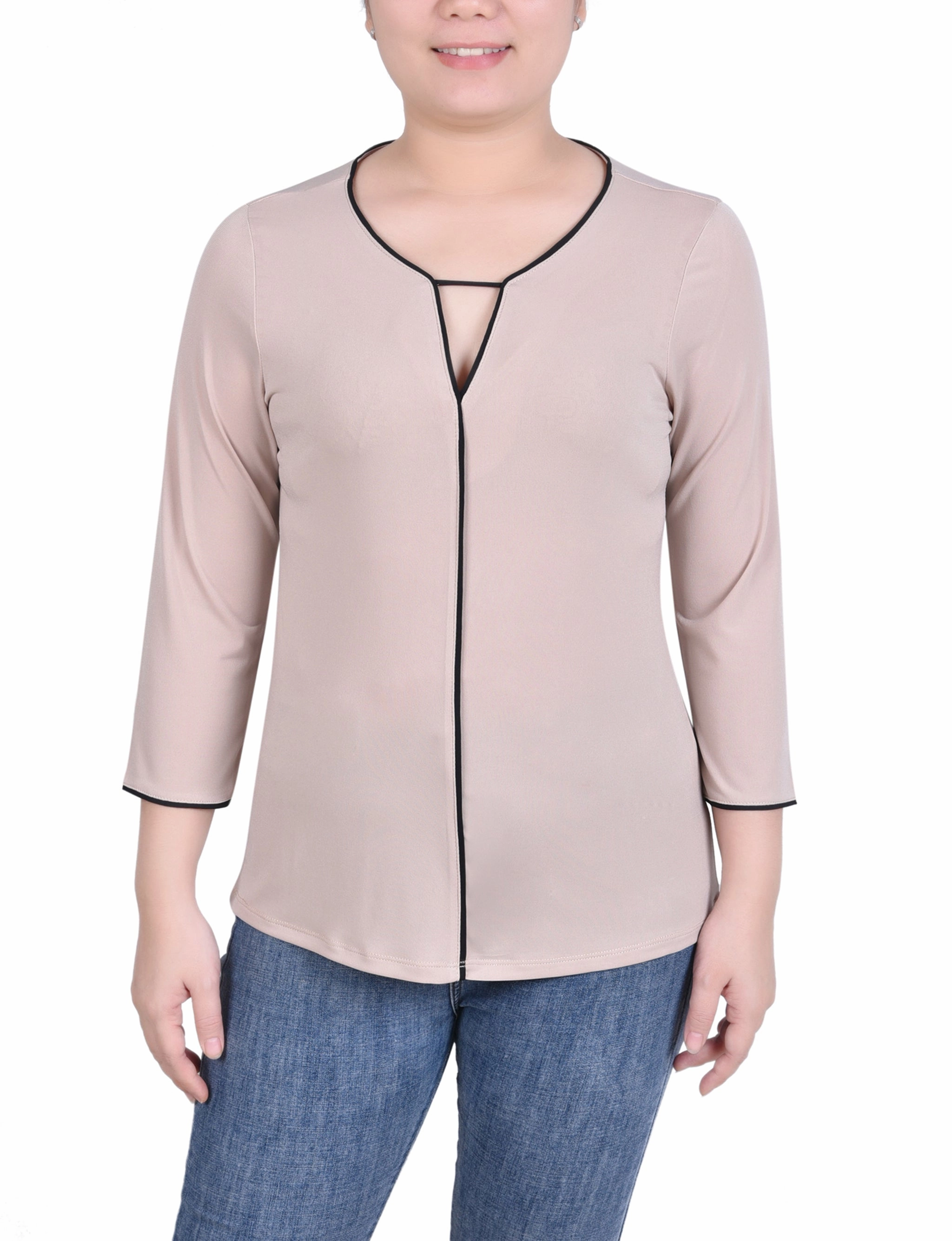3/4 Sleeve Piped Top Versatile Layering Piece