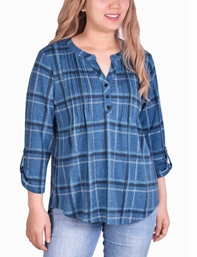 3/4 Sleeve Roll Tab Pintucked Front Pullover Top Ergonomic Fit Design Bonded Seam Durability