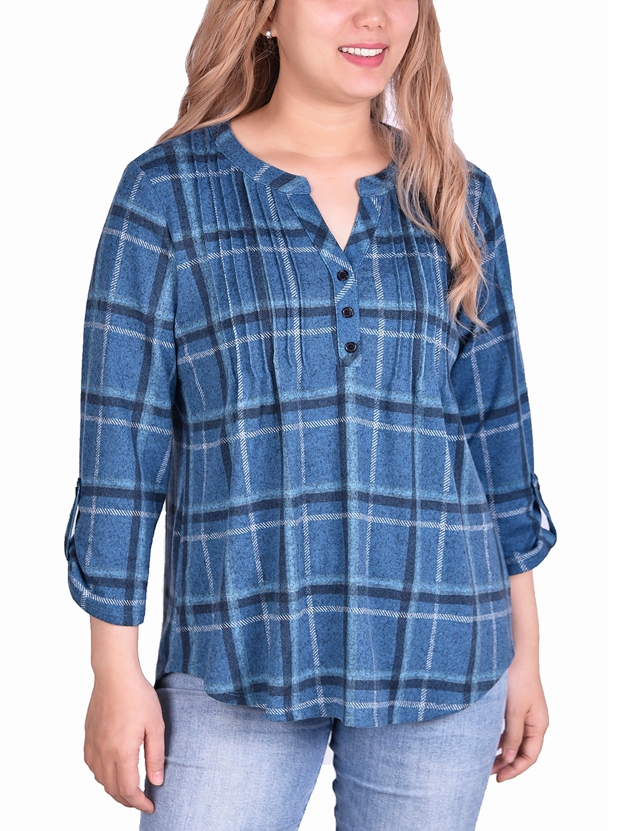 3/4 Sleeve Roll Tab Pintucked Front Pullover Top Quick Release Fasteners