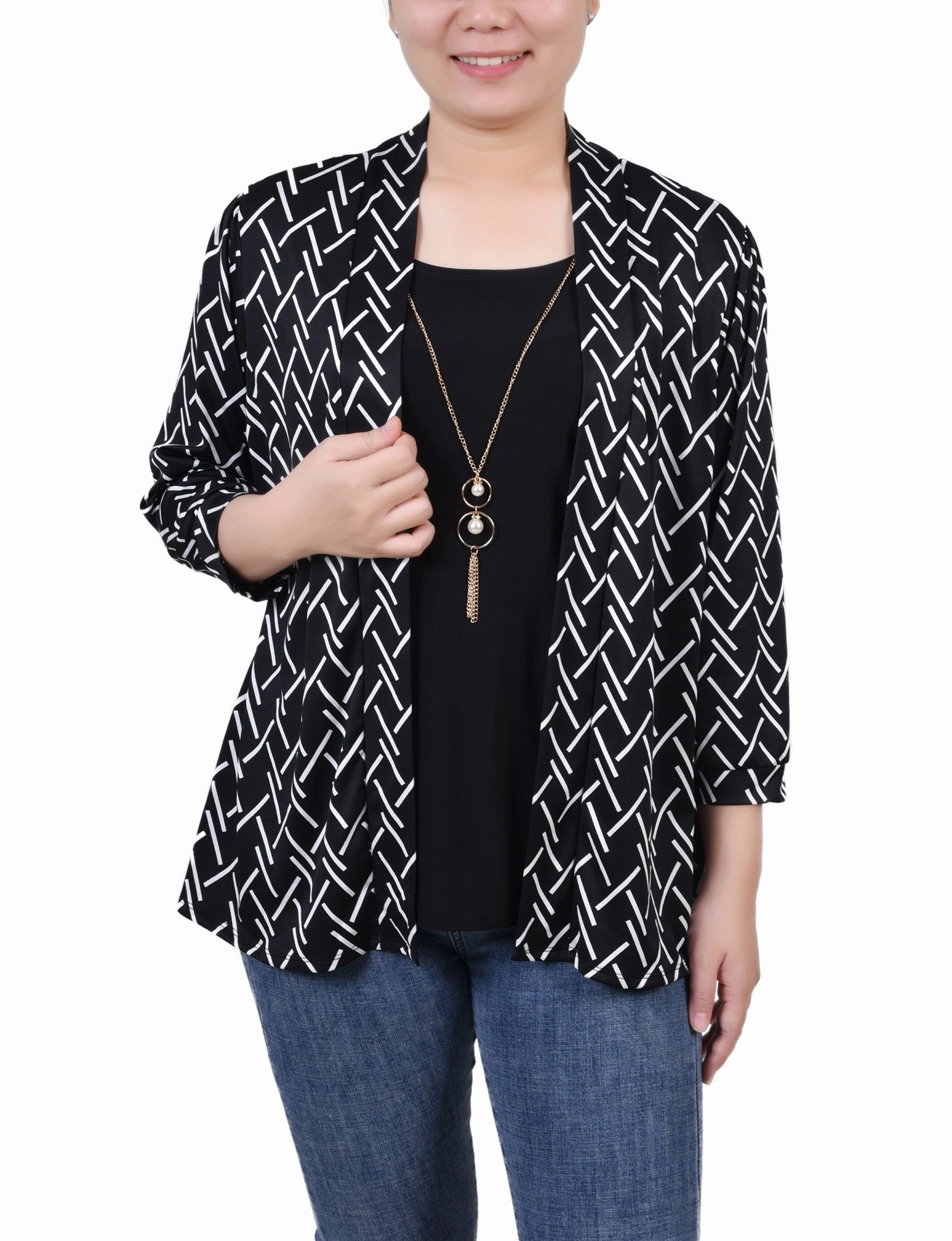 3/4 Sleeve Two-Fer Top EcoFriendlyBlend Contrast Topstitching Detail