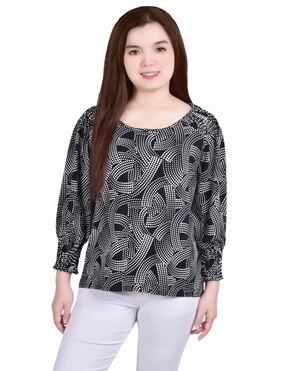 Casual Tee Relaxed Hoodie 3/4 Smocked Detail Top