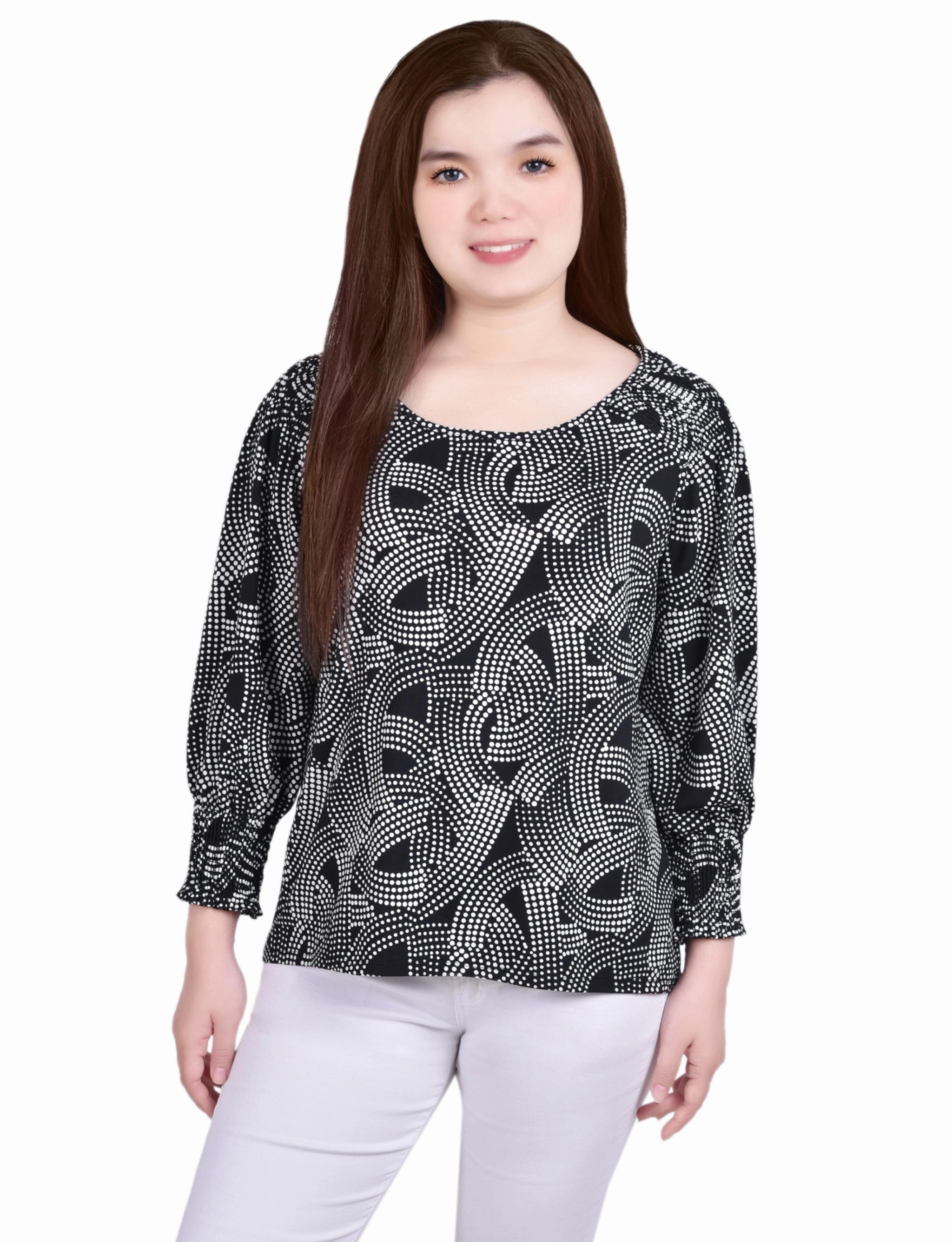 3/4 Smocked Detail Top V-neck Blouse