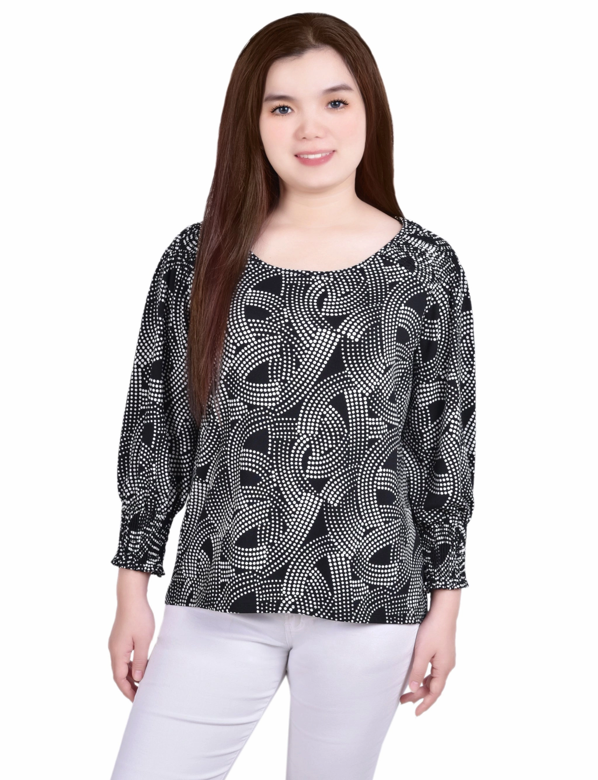 Casual Tee Relaxed Hoodie 3/4 Smocked Detail Top