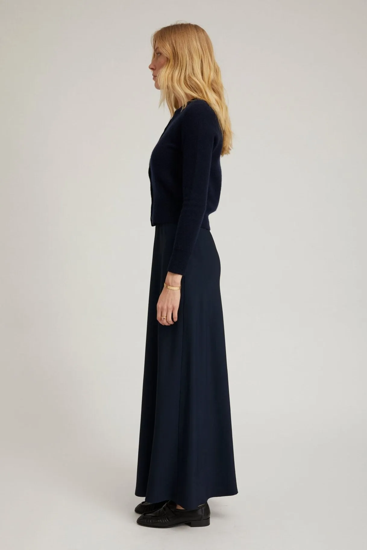 Navy Crepe Bias Maxi Skirt Adjustable Hem