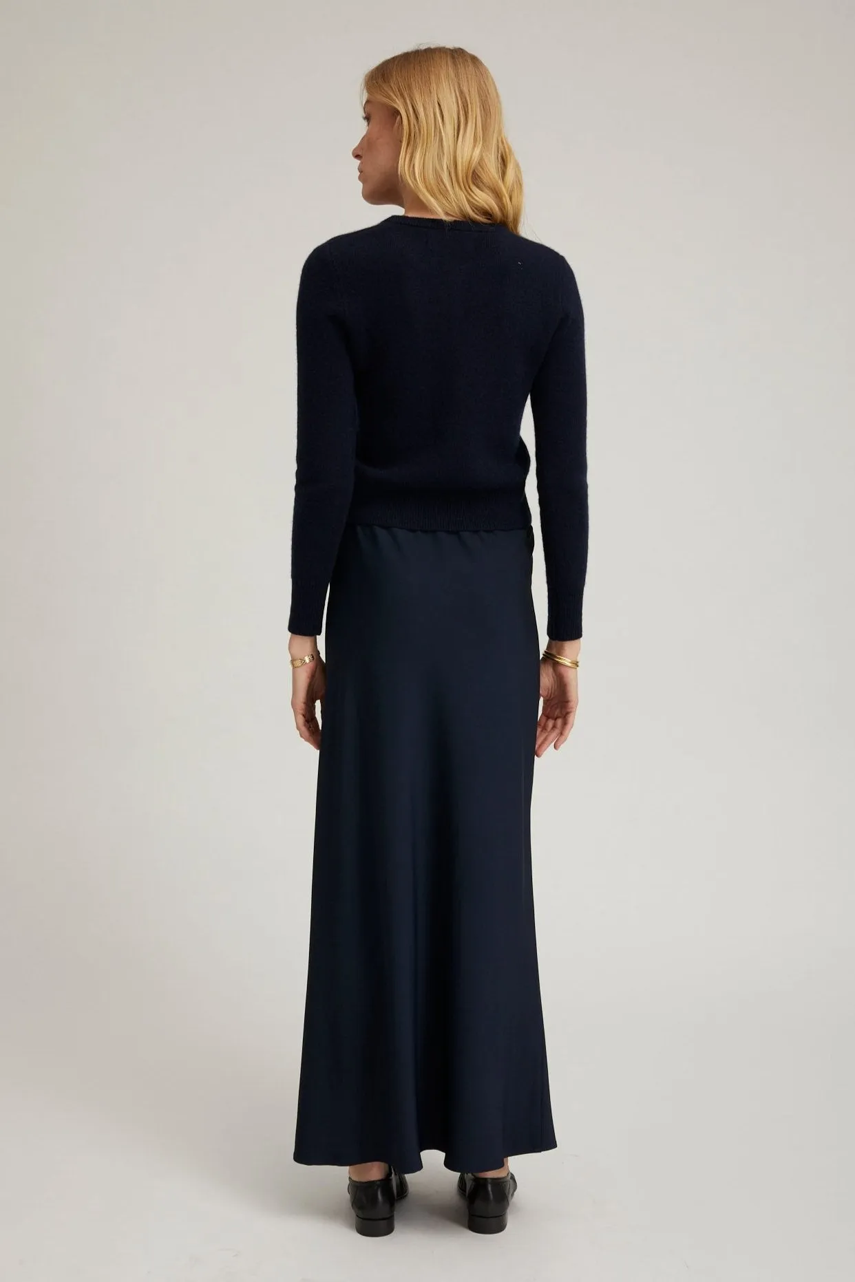 Navy Crepe Bias Maxi Skirt Relaxed Motion