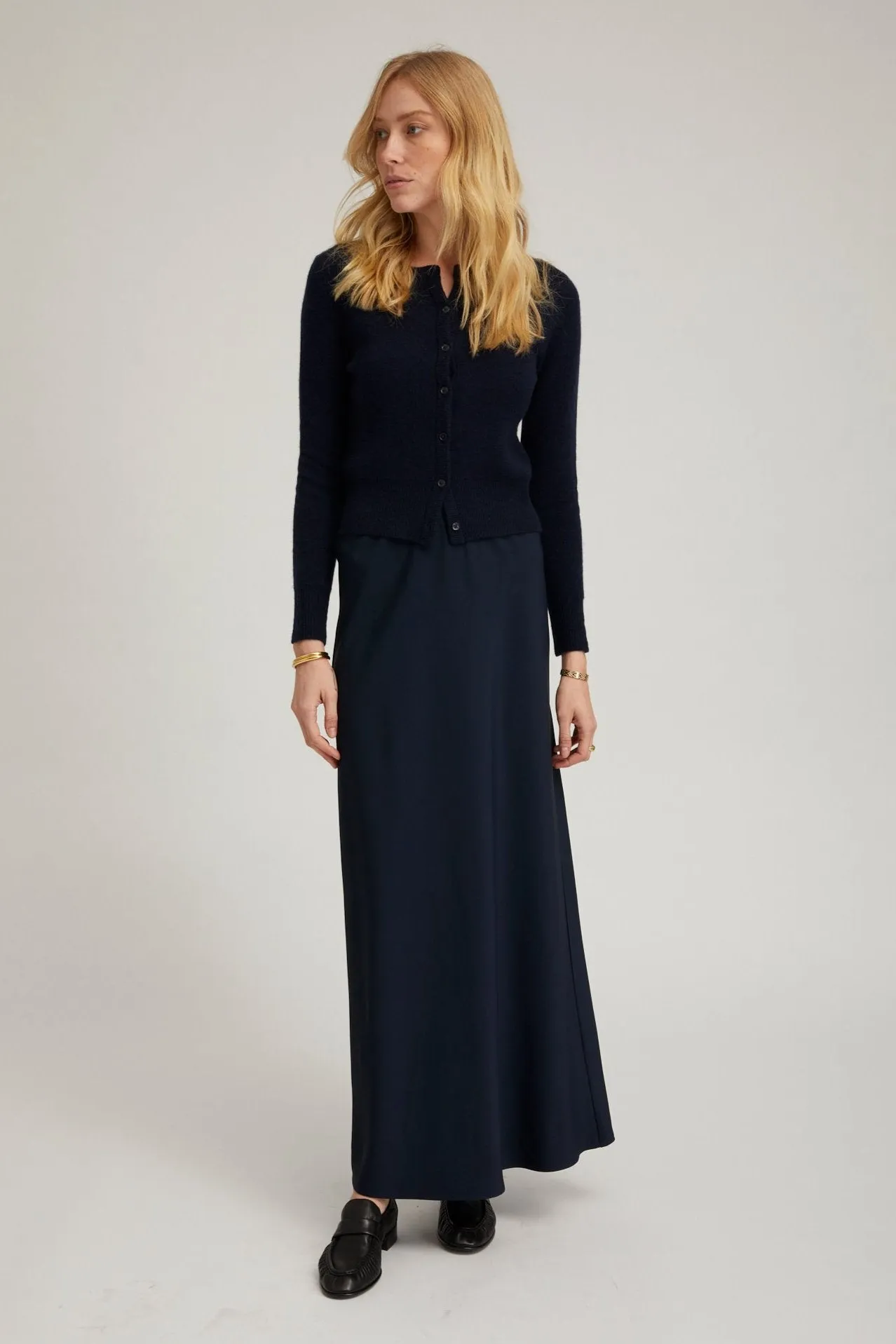 Full Circle ribbed texture Navy Crepe Bias Maxi Skirt