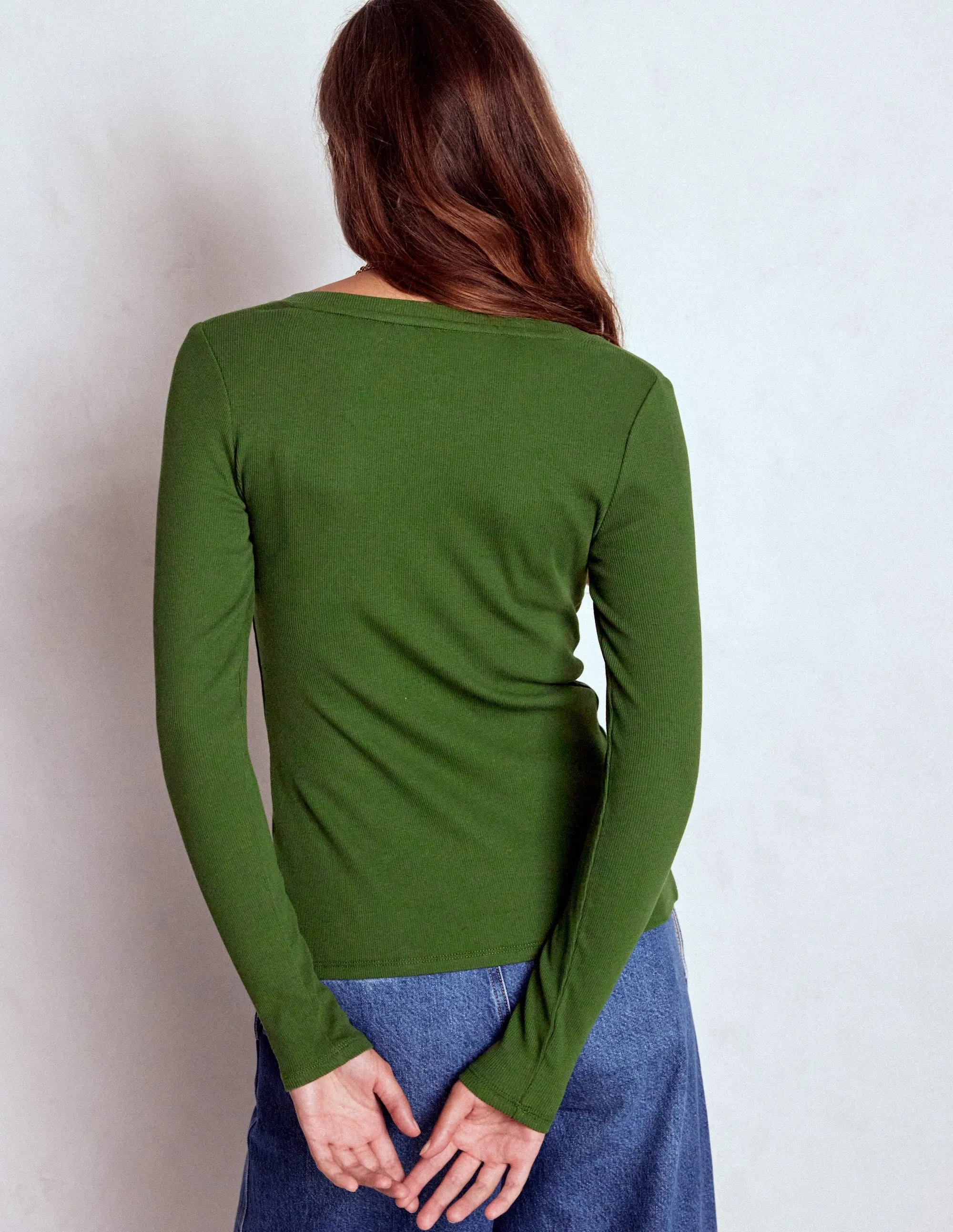 Evie Button Through Ribbed Top-Green Fir Relaxed Blouse