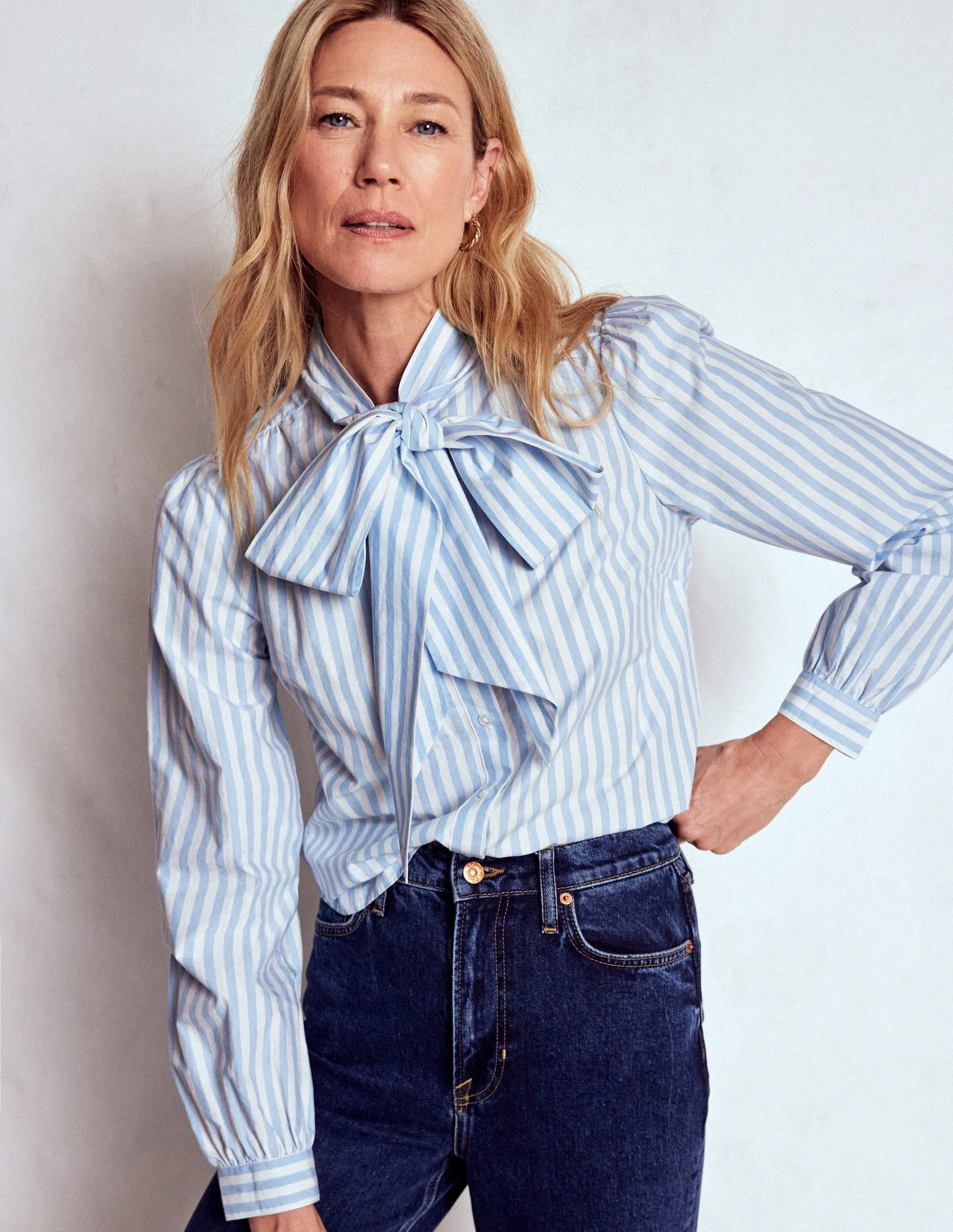 Grid Back Panel Retro design Tie Neck Top-Glacier Blue and Ivory Stripe