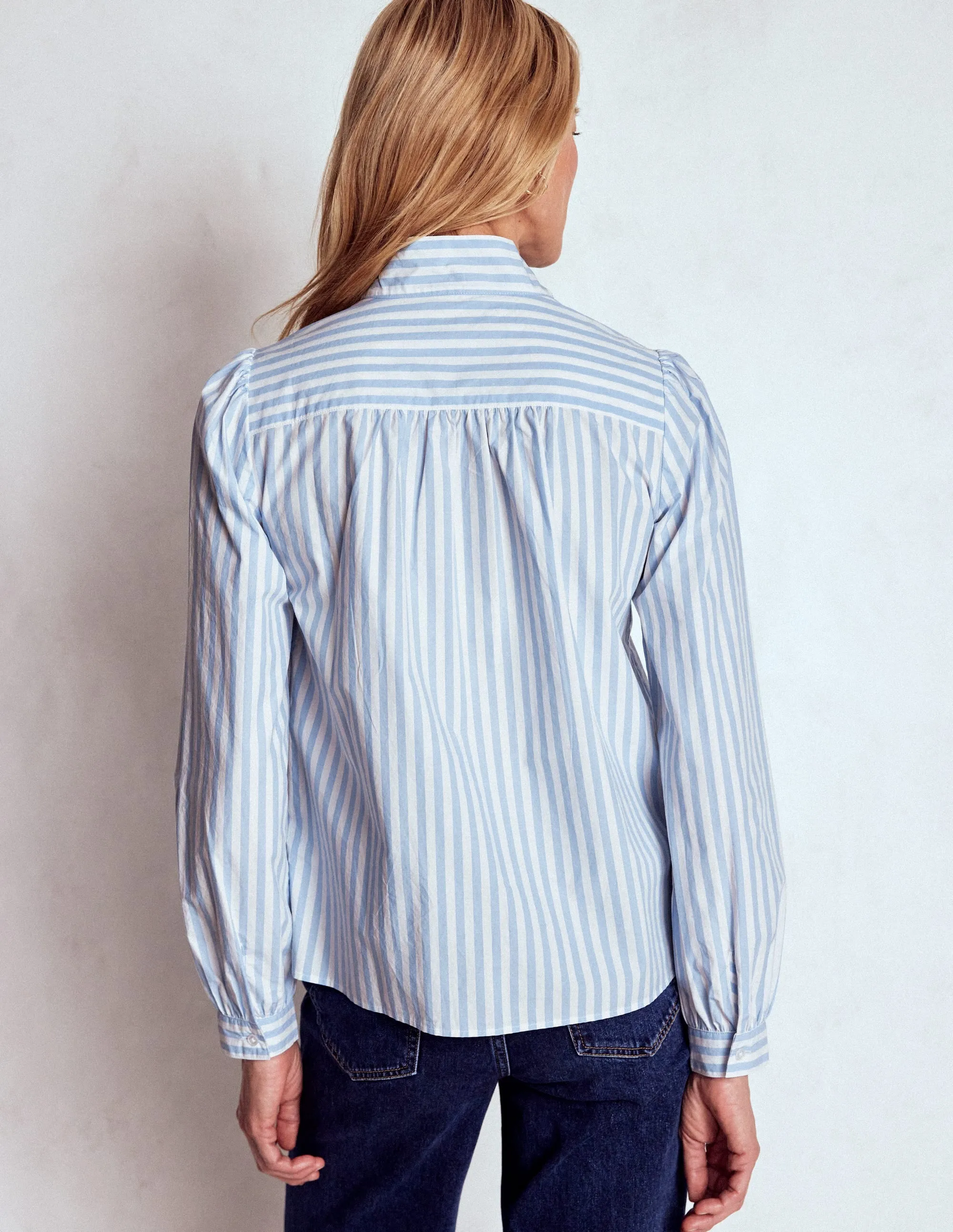 Tie Neck Top-Glacier Blue and Ivory Stripe OversizedFit BioBased Fiber
