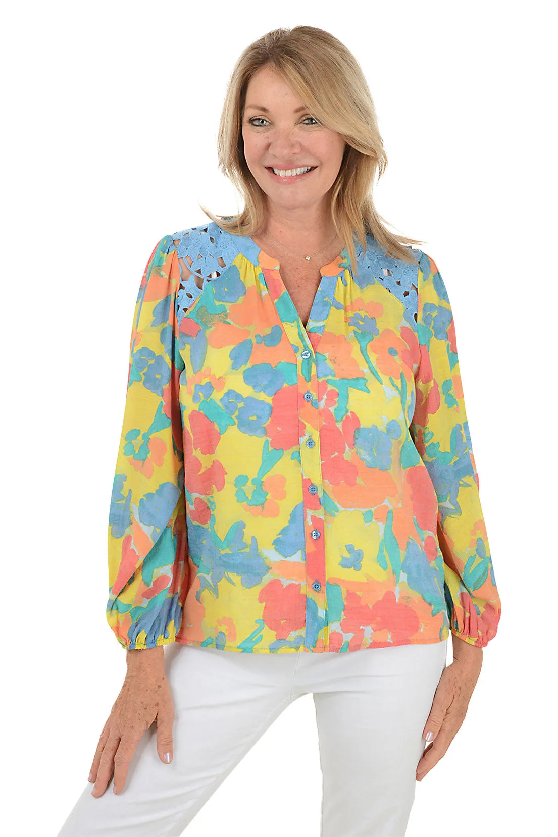 TemperatureRegulating Bold Blooms Lace Shoulder Shirt