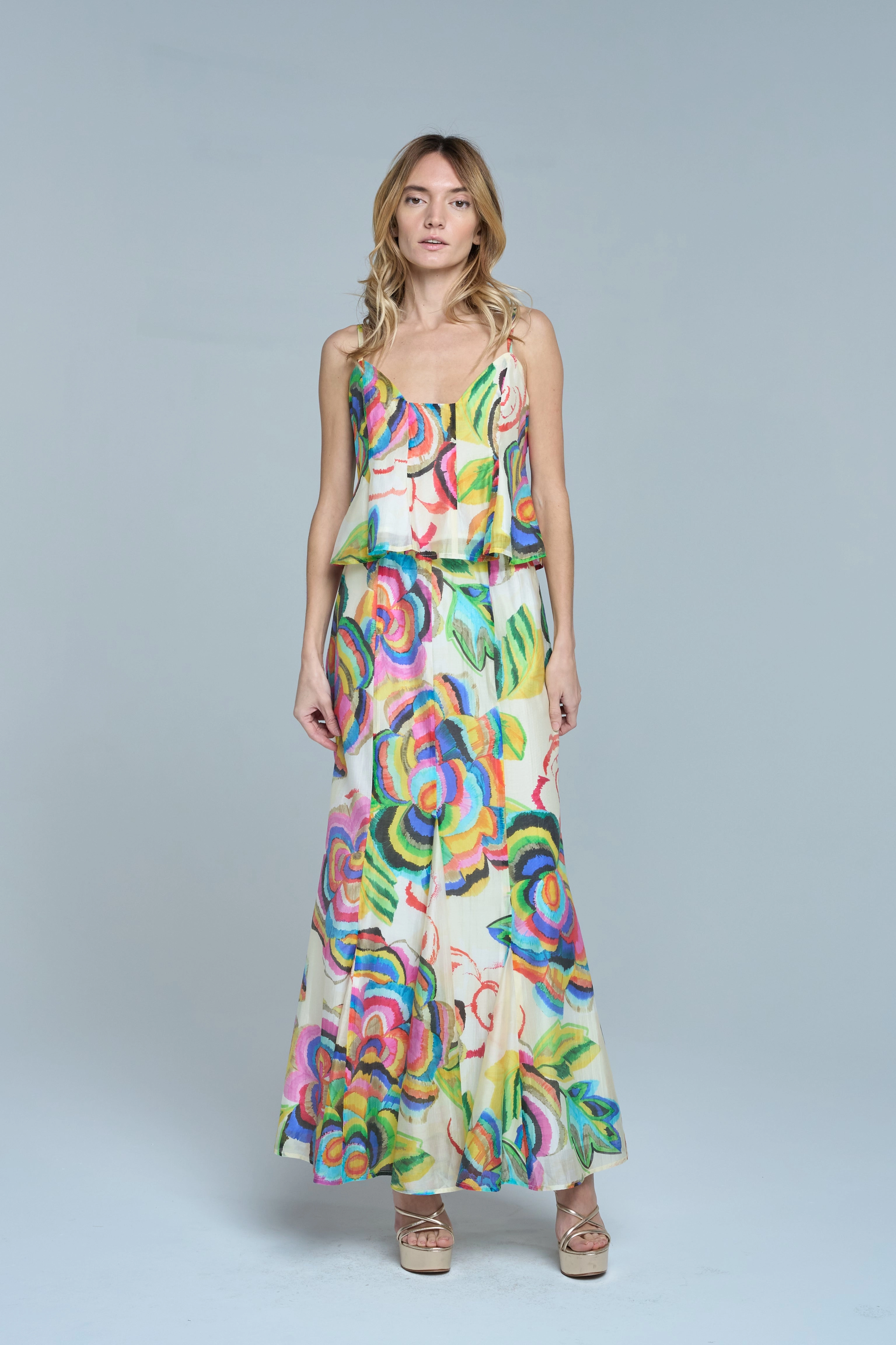 Abstract Floral Flare Skirt in Cream Multi Smooth Texture Minimalist Style