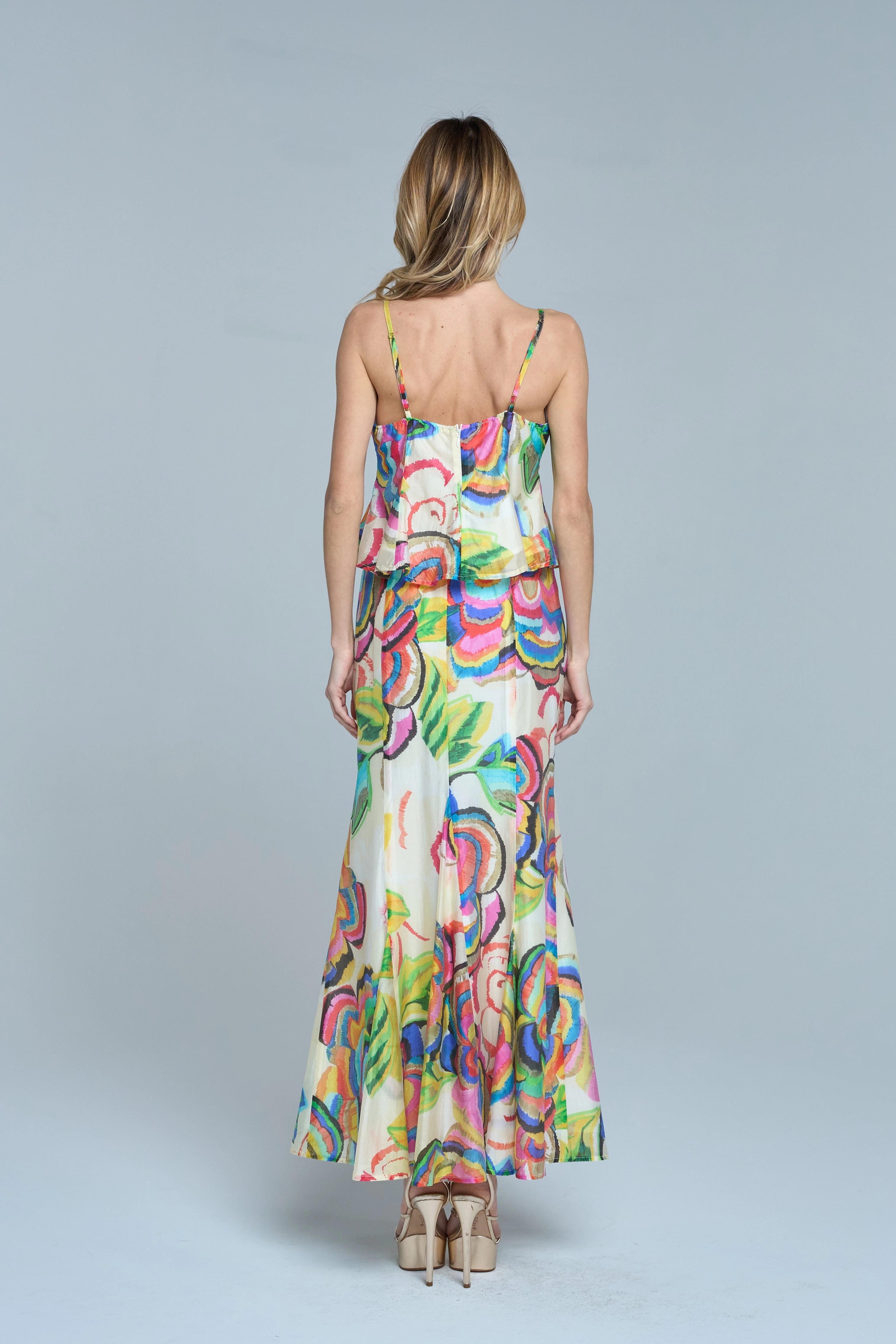 Abstract Floral Flare Skirt in Cream Multi Budget Friendly