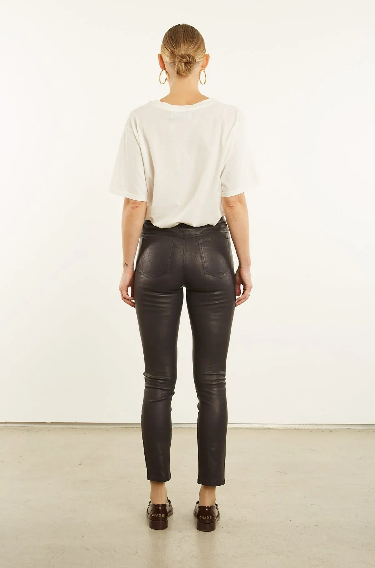 Black Leather 5 Pocket Slim Pants Tapered Leg Design