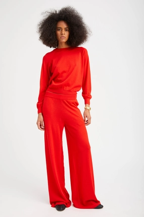 Red Cashmere Wide Leg Pants AdjustableTabs HighRiseWaistband