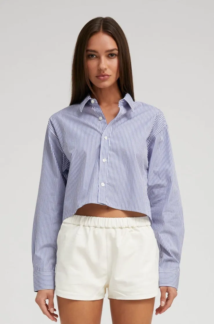 Hypoallergenic Inner Layer Blue Striped Cropped Button Down