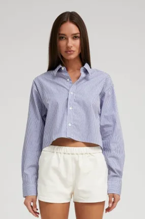Hybrid Fabric Blend AllDay Comfort Tech Blue Striped Cropped Button Down
