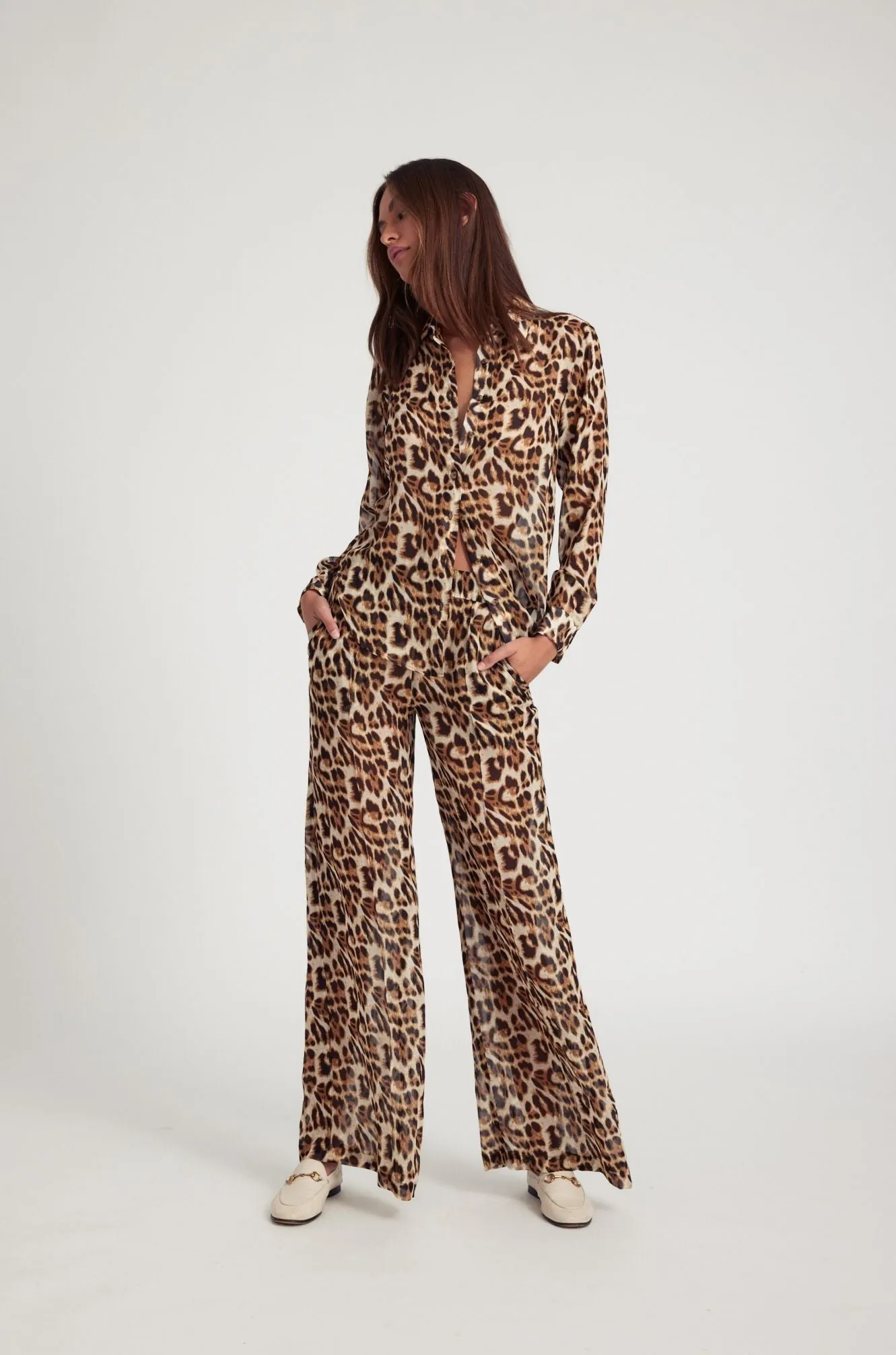 Leopard Silk Wide Leg Trousers Laser cut