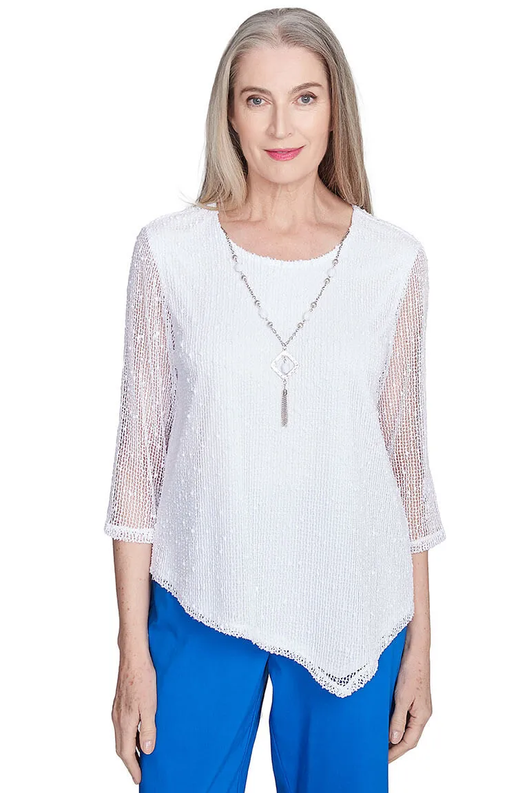 Durable Blend Sheer Overlay Material Parrot Cay Popcorn Mesh Asymmetrical Top