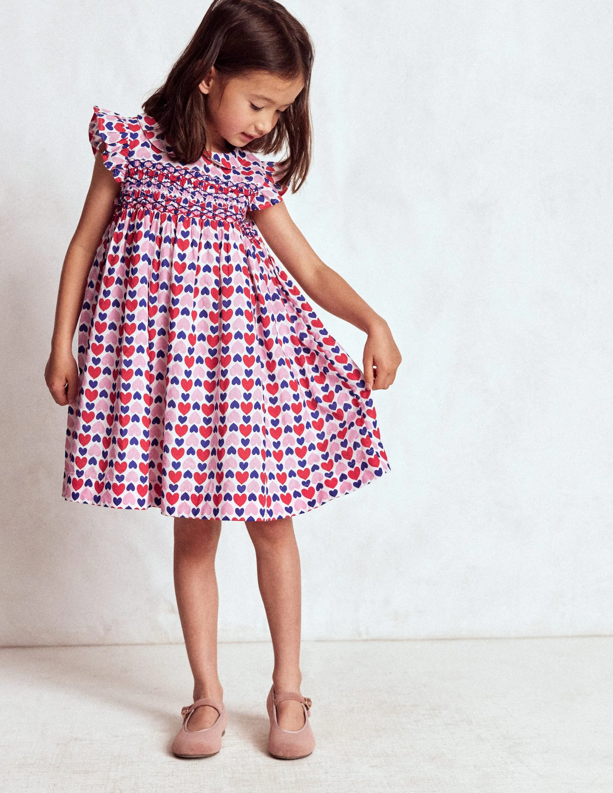 Adeline Smocked Dress-Poppy Red Geo Heart Elegant Look Pink Glow