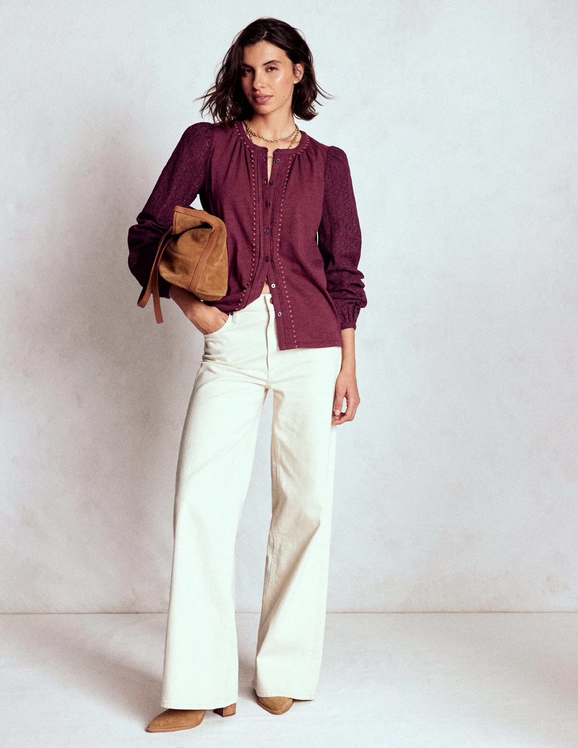 Sustainable Fabric Blend DoubleNeedle Stitching Eden Broderie Jersey Shirt-Deep Wisteria