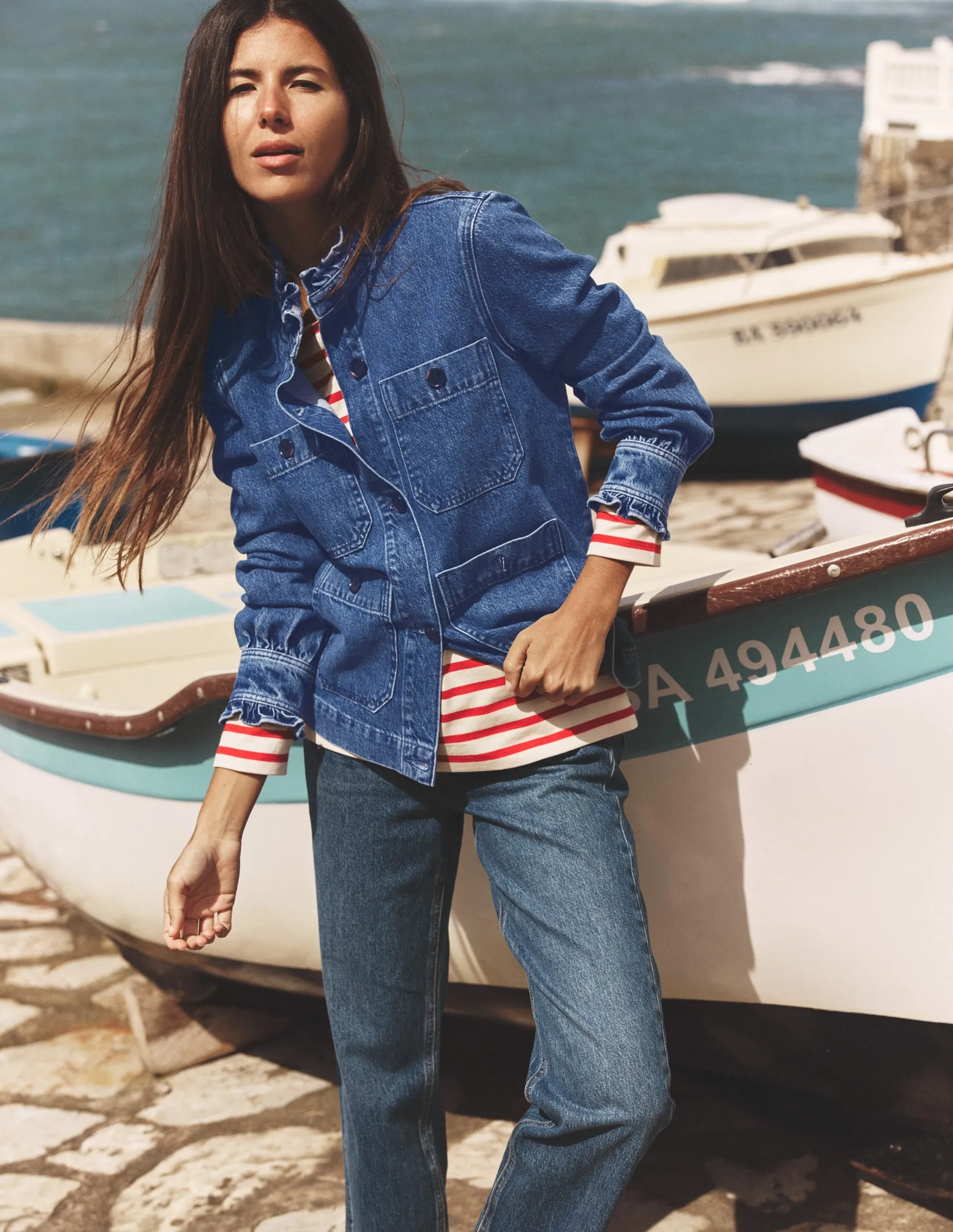 Denim Frill Collar Jacket-Mid Wash Pattern Print