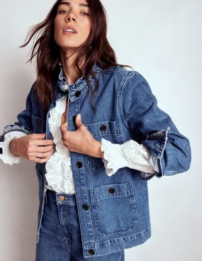Denim Frill Collar Jacket-Mid Wash Clean Outer