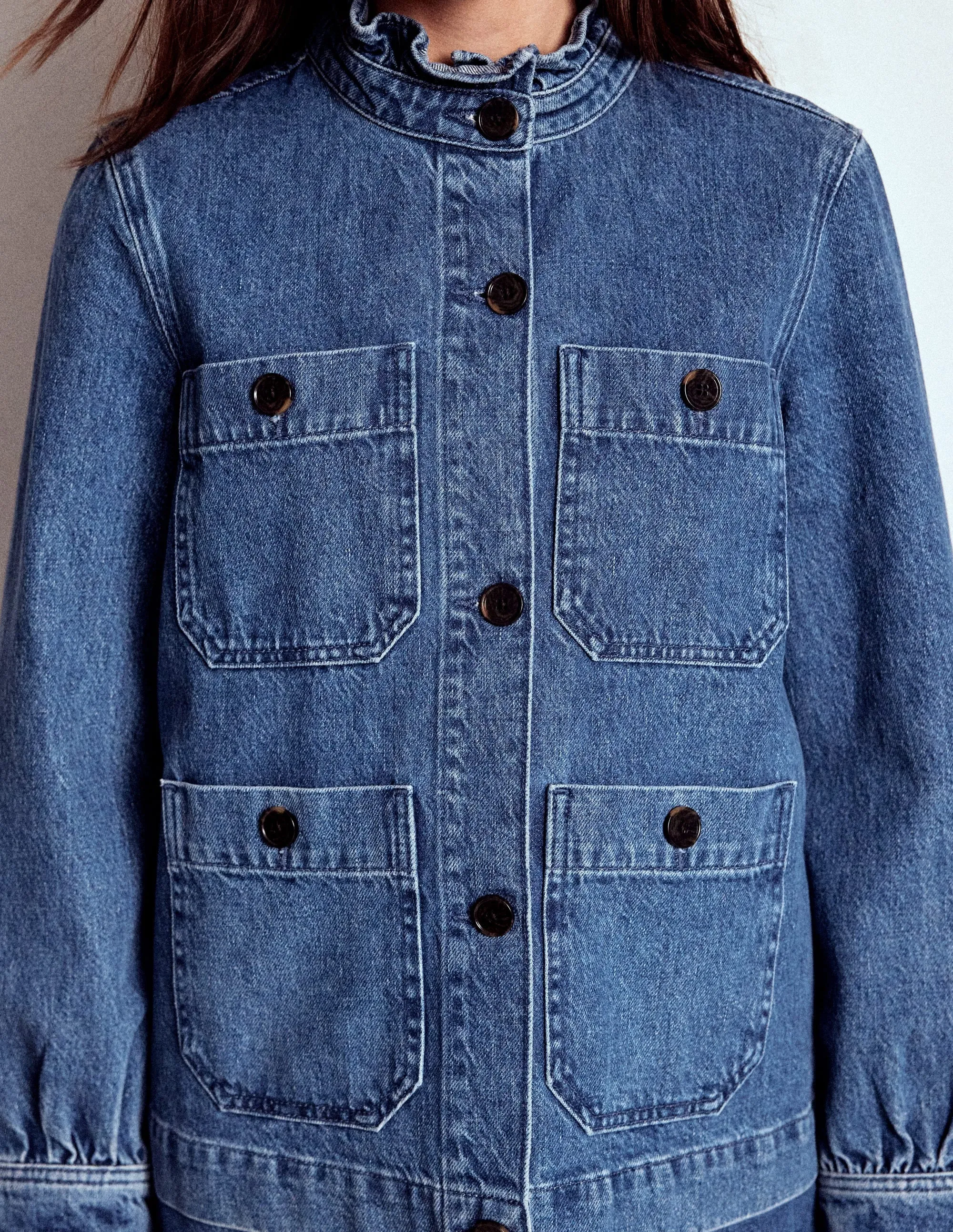 Denim Frill Collar Jacket-Mid Wash Durable Water Repellent Eco Friendly Material