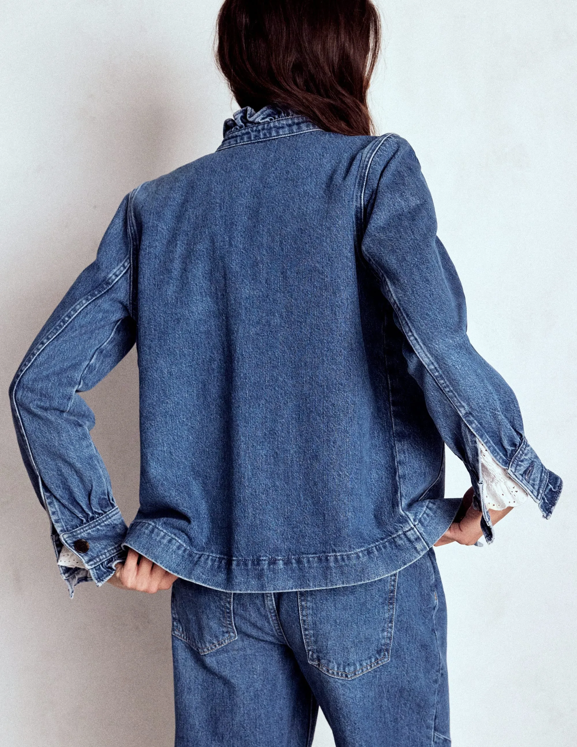 Easy Movement Cut Hypoallergenic Fabric Blend Denim Frill Collar Jacket-Mid Wash
