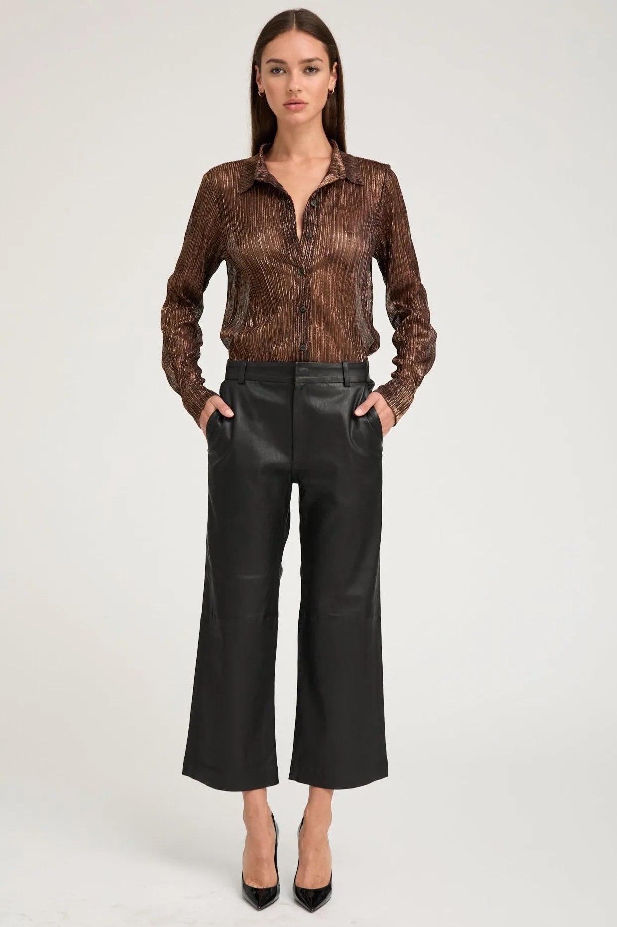 Metallic Bronze Fitted Button Down HighNeckCut