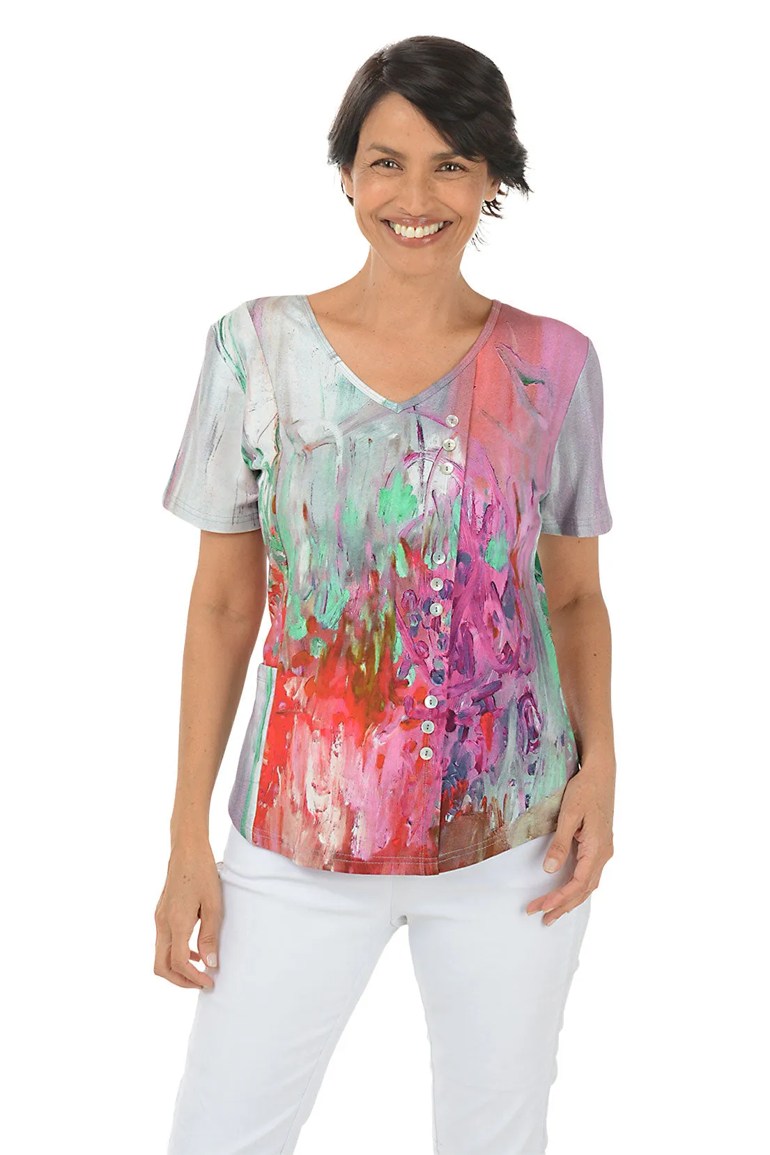 Petite Jardin Offset Button Front Pocket Tee BondedHemline