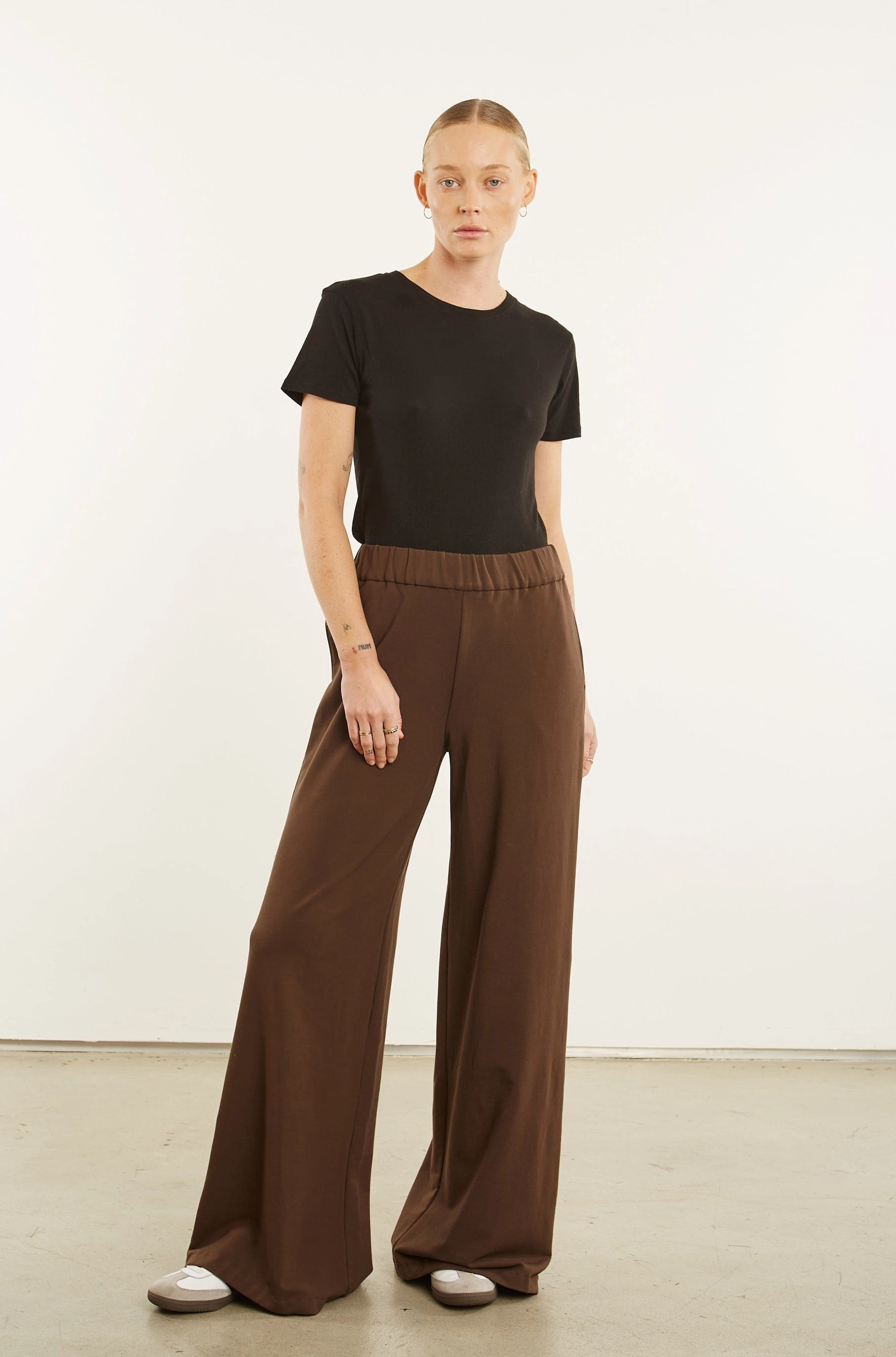Dark Chocolate City Wide Leg Pants Relaxed Tee Reinforced Elbow Patches