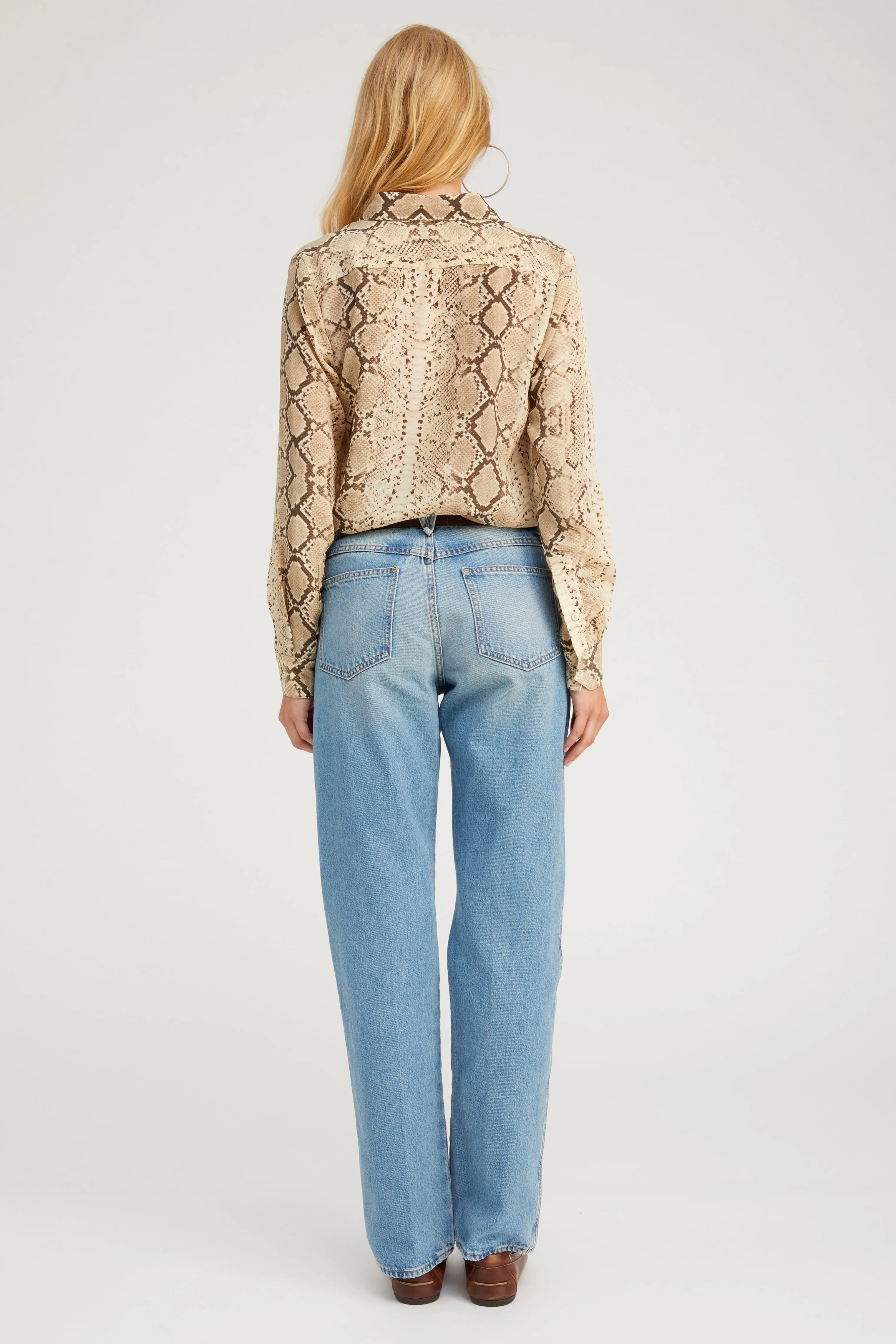 Anti Microbial Lining TaglessNecklineComfort Beige Snakeskin Silk Fitted Button Down