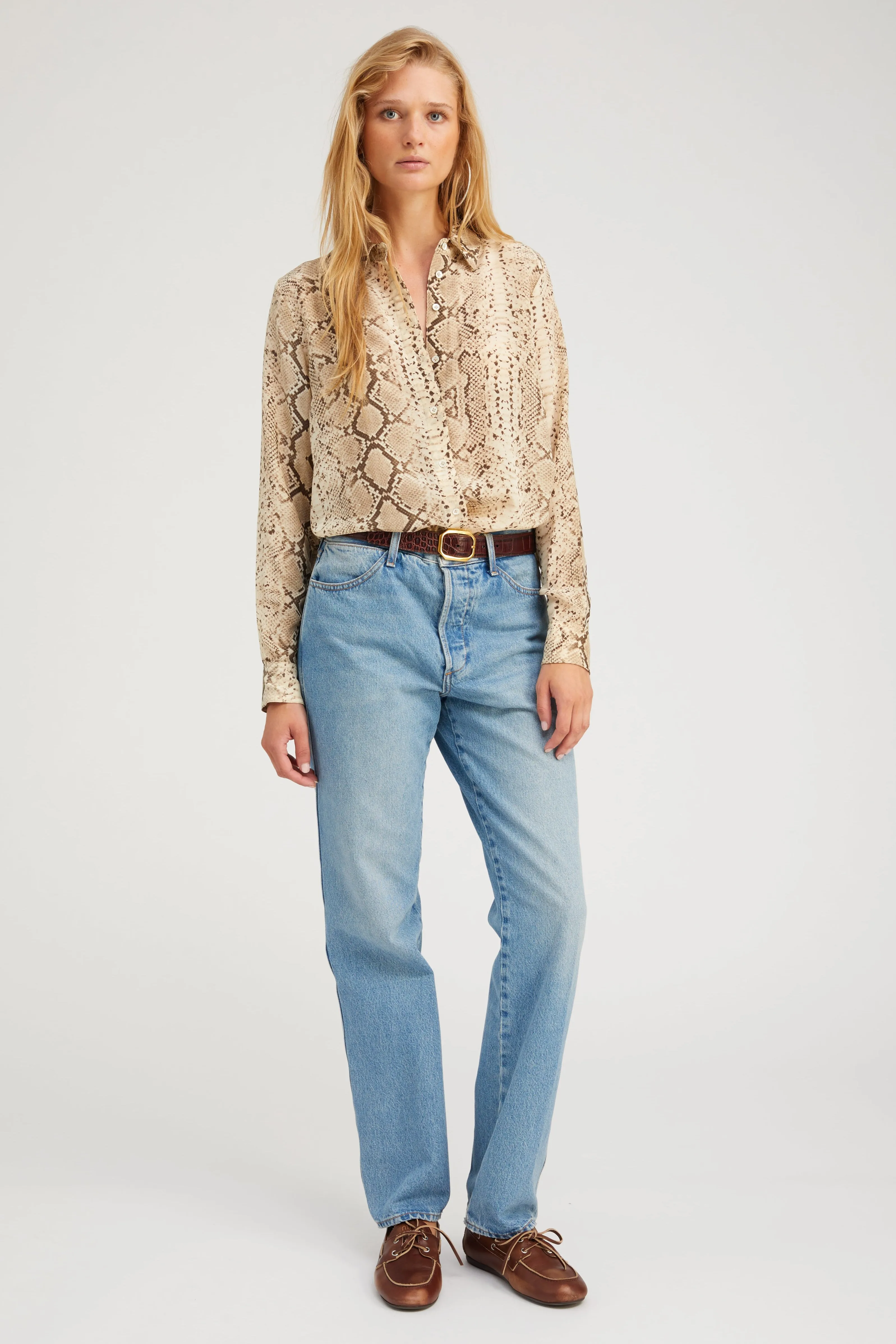 Wrinkle resistant fabric Beige Snakeskin Silk Fitted Button Down